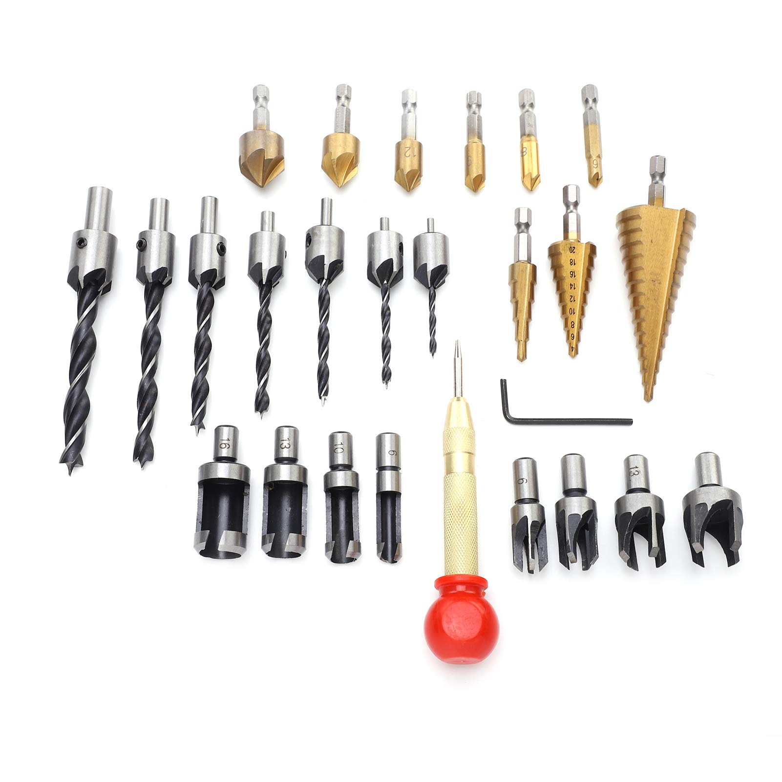 Herramientas de perforación de chaflán para carpintería, kit combinado de 26 brocas avellanadas de tres puntas, llave en L, 8 cortadores de tapones de madera, broca de 3 pasos, perforadora central