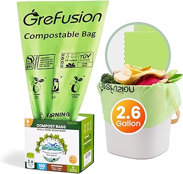GreFusion 2.6 Gallon Compostable Trash Bags, 100 Count, Extra Thick 0.71 Mil, Certified by BPI and ASTM D6400, Perfect Fit for Small Trash Cans