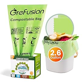GreFusion 2.6 Gallon Compostable Trash Bags, 100 Count, Extra Thick 0.71 Mil, Certified by BPI and ASTM D6400, Perfect Fit for Small Trash Cans