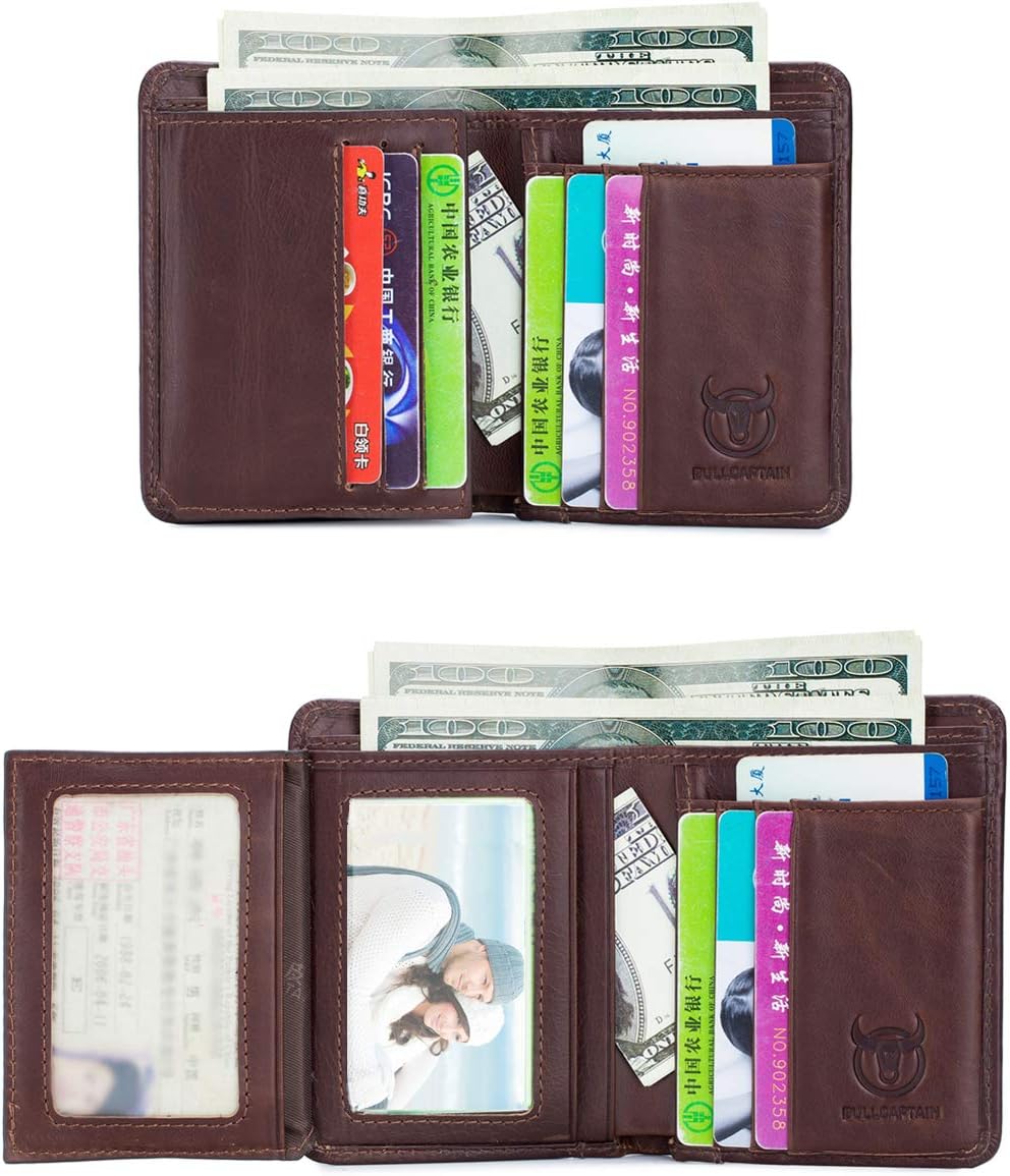 BULLCAPTAIN 2 ID Windows Mens Wallets Slim RFID Blocking Genuine Leather Wallet QB031 (Coffee)
