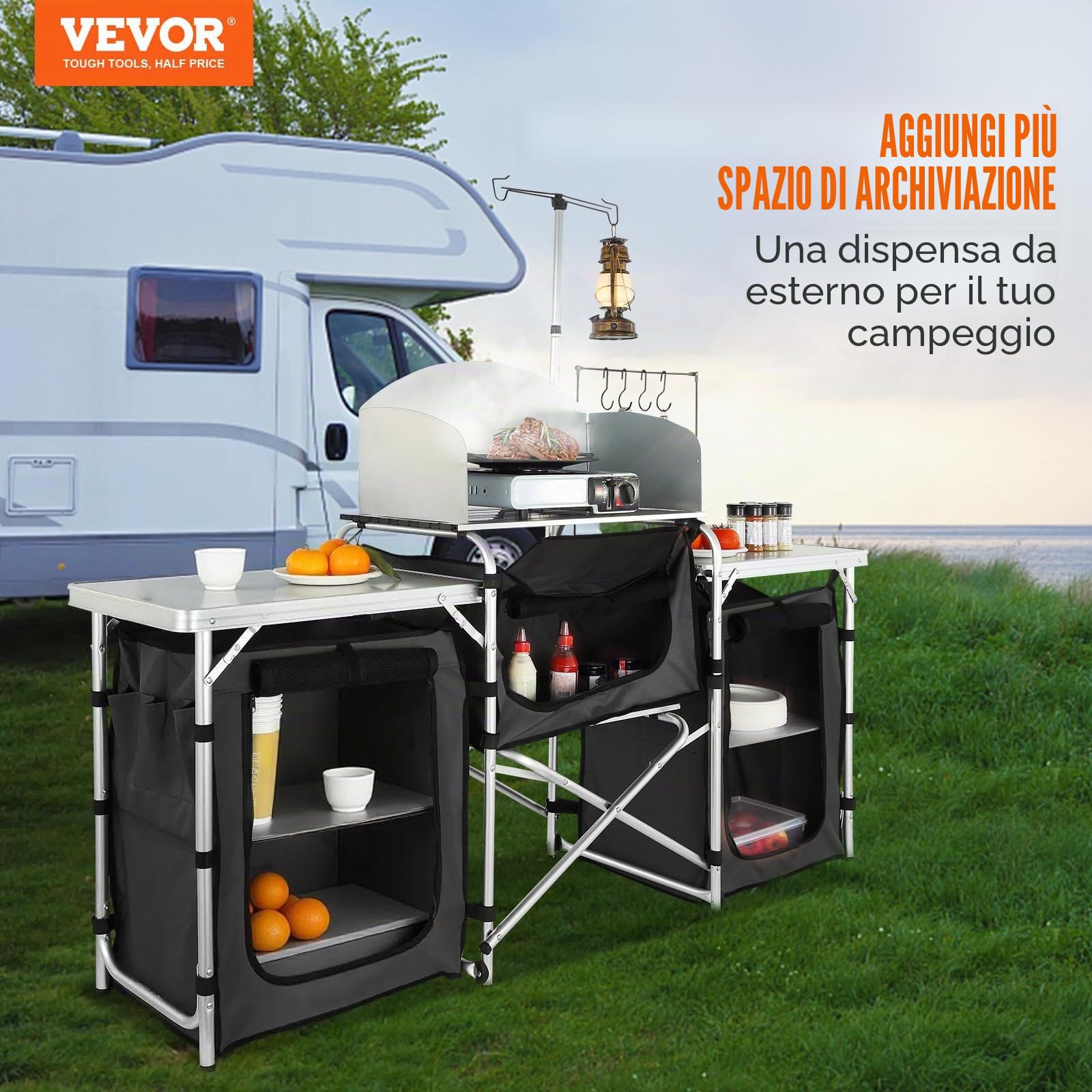 VEVOR Cucina da Campeggio per Cottura Pieghevole Portatile con Parabrezza a 3 Lati Materiale in Alluminio Ferro MDF Dimensioni Estese 174x176x46 cm, Tavolo Pieghevole Portaoggetti da Campeggio per BBQ