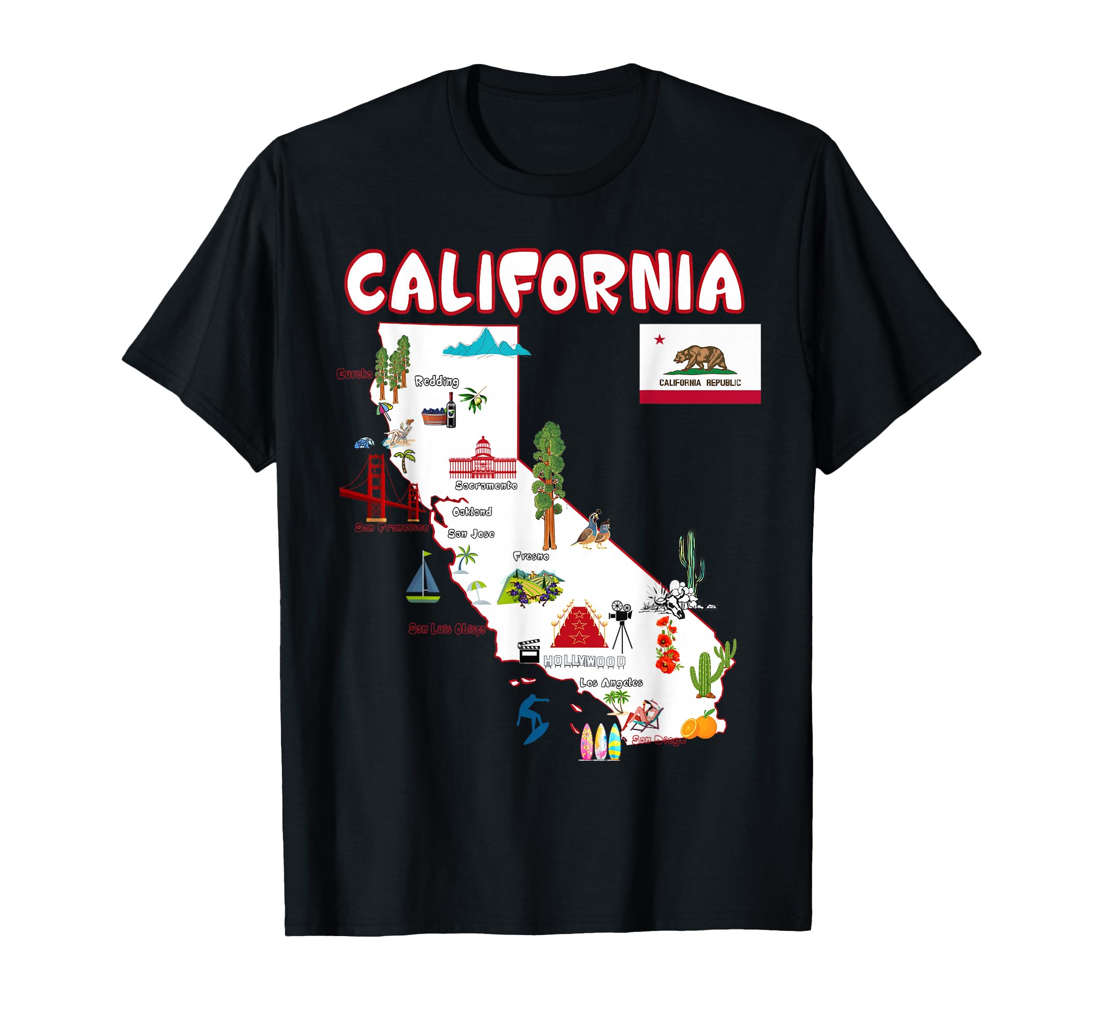 Map of California Landmarks, Major Cities, Flag T-Shirt T-Shirt