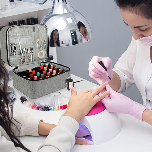 Miniatura 6 de Bolsa organizadora de esmalte de uñas, organizador de suministros de uñas de doble capa con capacidad para 30 botellas y lámpara de uñas, estuche de