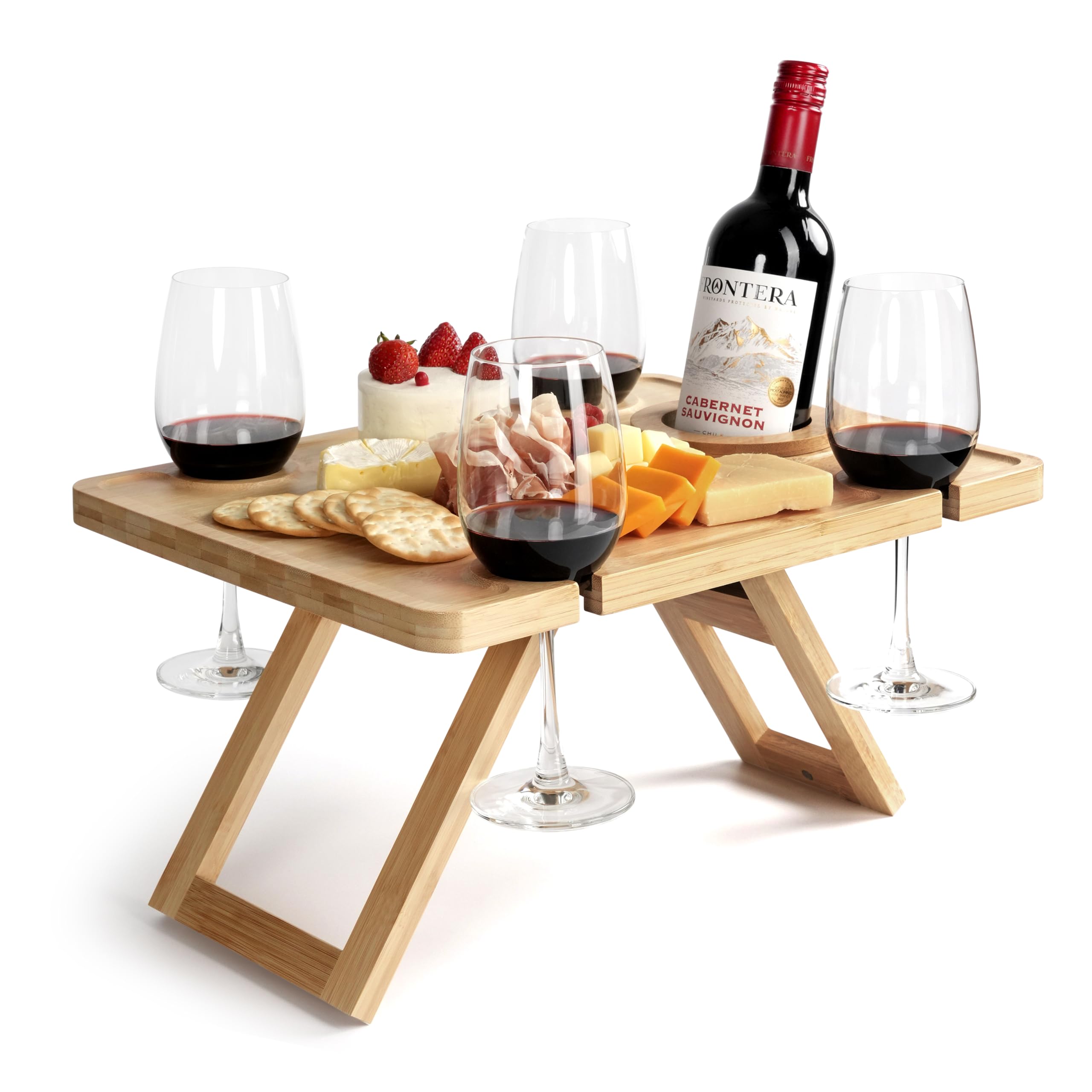 Outdoor Wine Picnic Table, Wooden Folding Picnic Table with Glass Holder, Bamboo Wine Glass Snack Tray for Indoor & Outdoor Use, Includes Picnic Mat & Tote Bag