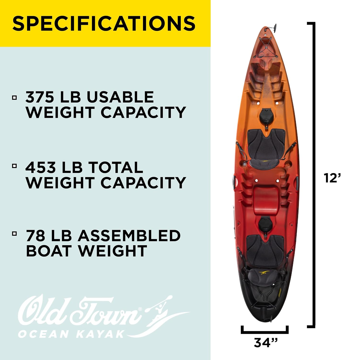Old Town Ocean Kayak Malibu Two 2 Person Sit-on-Top Recreational Paddle Kayak, 12 ft