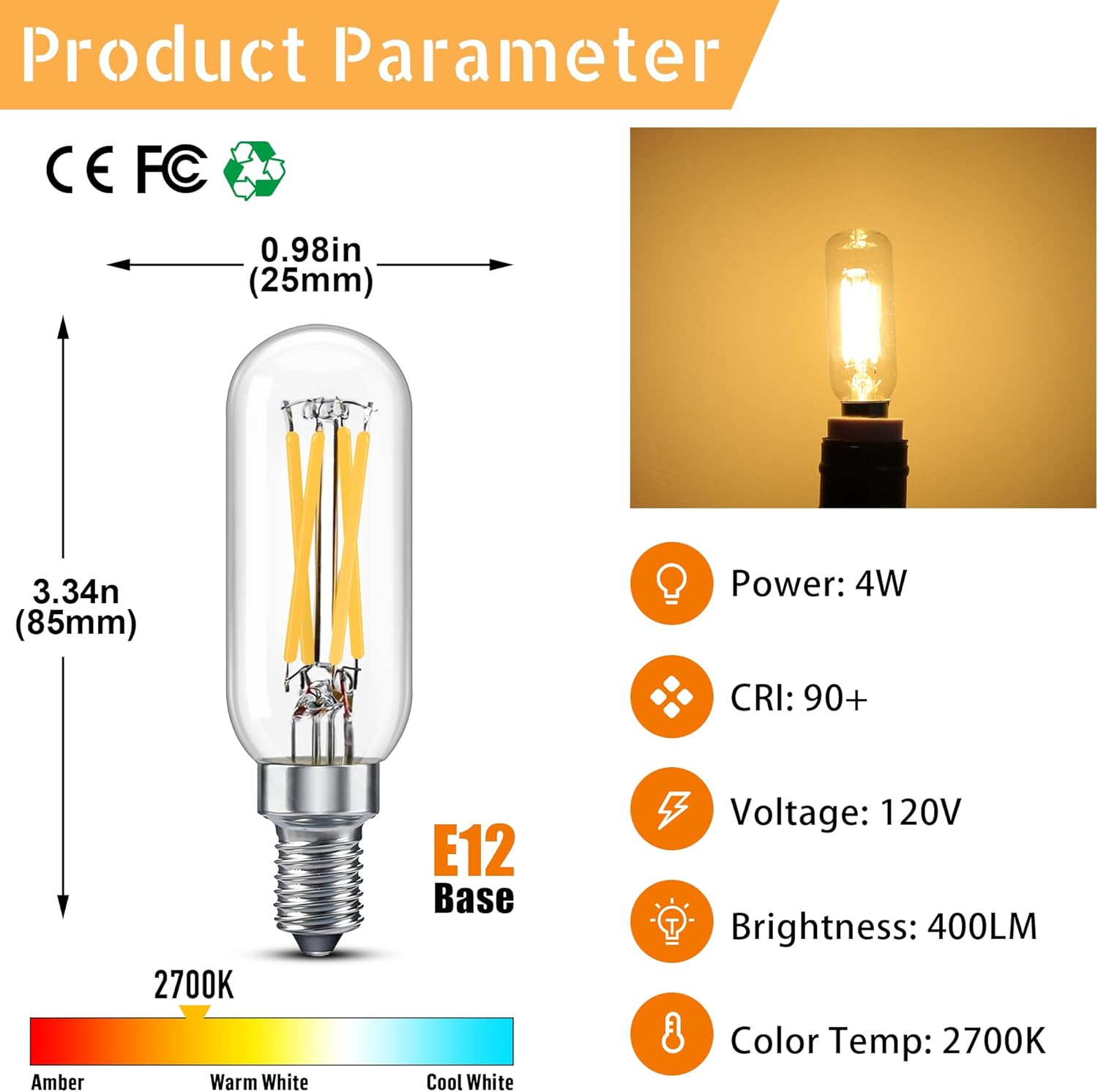 Dimmable T6 LED Light Bulb,E12 Candelabra Bulb 40 watt(4W),T25 LED Bulb for Chandelier,Ceiling Fan,Living Rooms,Dining Rooms,Kitchen,Warm White 2700K 400LM,Pack of 6