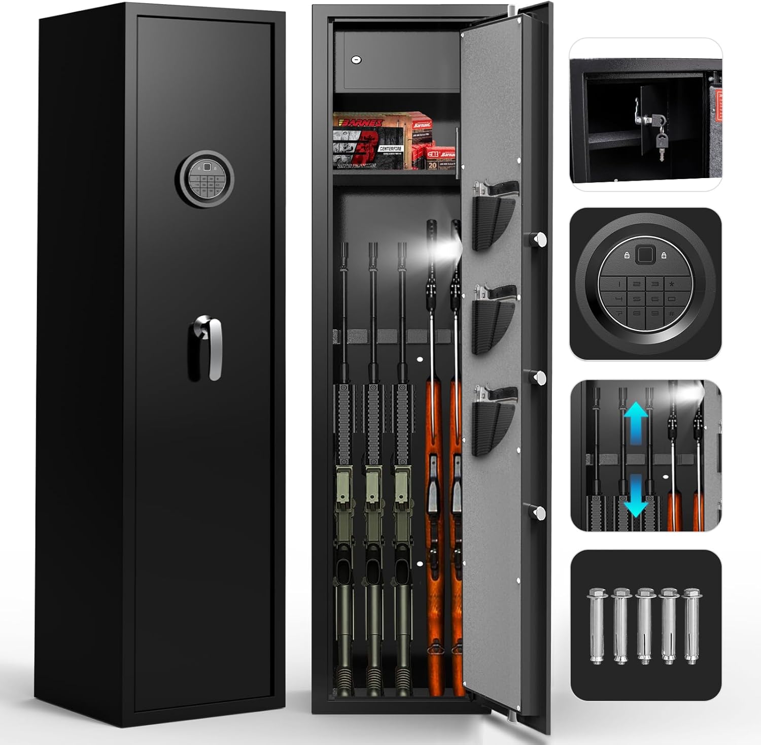 5-8 Gun Safe, Quick Access Biometric Rifle Safe with Extra Locker, Long Gun Safe for Rifles and Pistols with Anti Theft Alarm, LED Shotgun Rifle Cabinet with Adjustable Shelf & Handgun Pocket