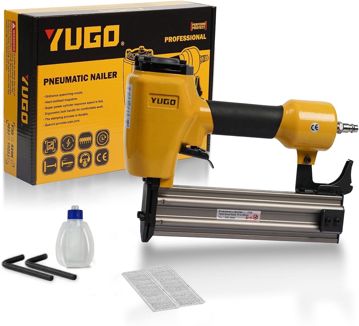 YUGO 16-Gauge Pneumatic Finish Nailer, Adjustable Depth Lightweight Air Nail Gun for Furniture and Cabinets, Doors and Windows, Beading, Decorative Trims T50-S1