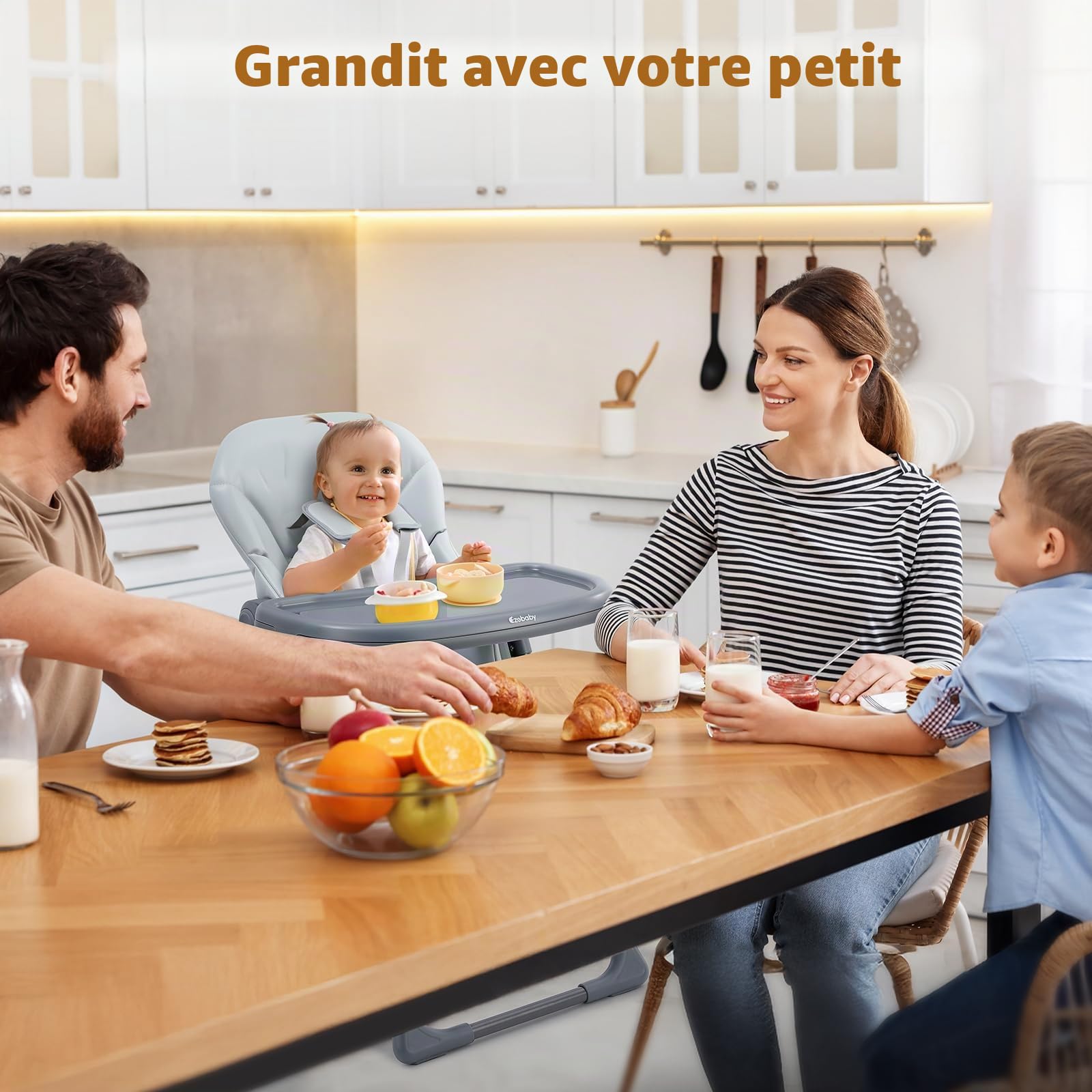 Ezebaby Chaise Haute Bébé Evolutive Chaise enfant 6 Réglable en Hauteur, Pliable, avec Roues Intégrées et Harnais de Sécurité à 5 Points Idéale pour Manger et Jouer (Gris)