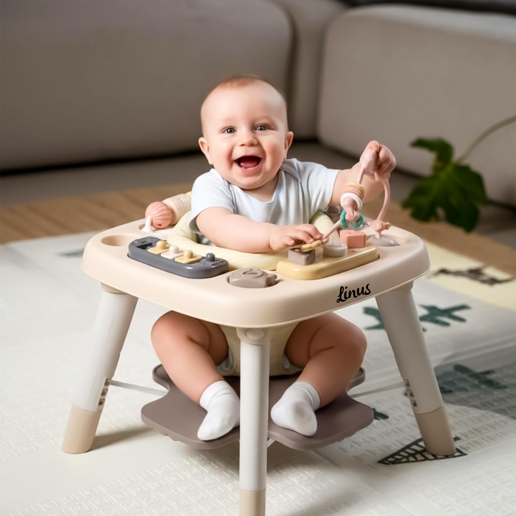 Personnalisable Table d’activités Rose/Beige Zèbre – Jeu créatif & rangement – Pour bébé dès 6 mois – Personnalisée avec prénom – Tryco