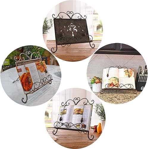 Miniatura 5 de Soporte de metal antiguo para libros de cocina, libro de recetas y soporte para iPad, caballete de libro de cocina con cadenas pesadas para regalo,