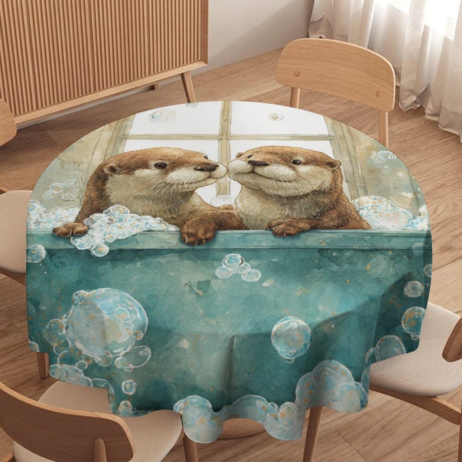 LUYYSKY Rustic Cartoon Otters Round Tablecloth Cute Watercolor Bathroom Art Animal Otters Print Washable Decor for Table Cover for Kitchen-177.8" Wx177.8 L cm