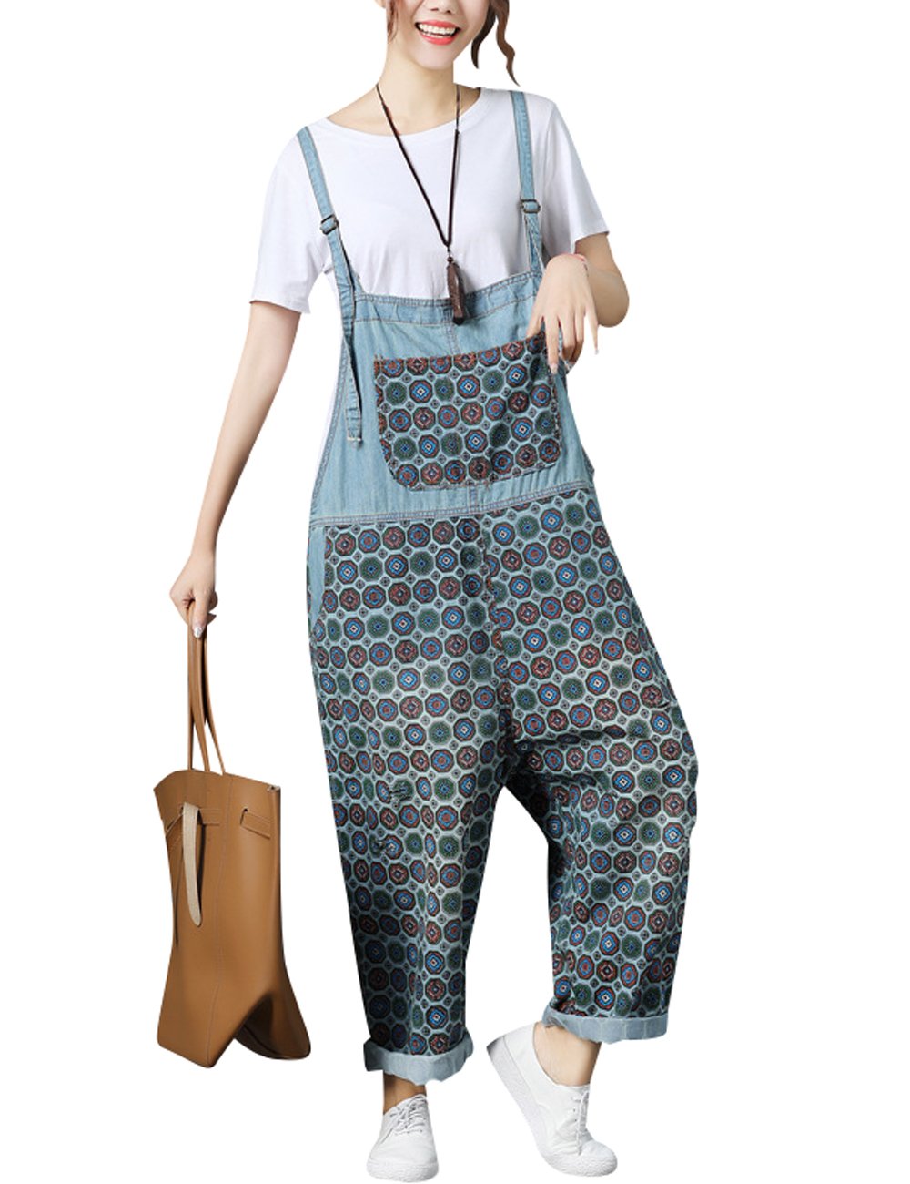 Youlee Femmes Imprimé Combinaisons à bretelles Barboteuses occasionnelles Denim Salopette