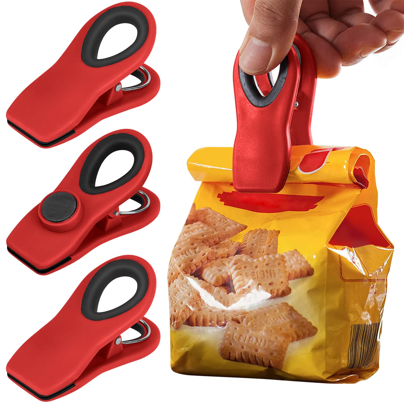 10 Pack Magnetic Chip Clips- Food Clips, Chip Clips, Bag Clips for Food Storage with Airtight Seal Grip for Bread Bags, Snack Bags and Food Bags (Red)