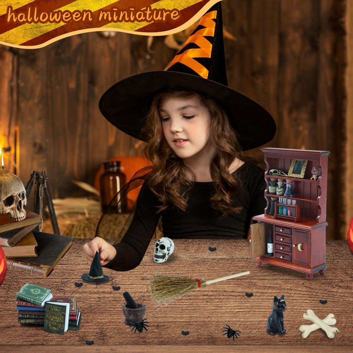 Dollhouse Miniatures 1/12 Scale Accessories, Wooden Bookshelf Furniture Set - Magic Bottle&Potion, Witch Frame and Hat, Mini Bookcase, Haunted Dollhouse Halloween Decorations for Kids Gifts