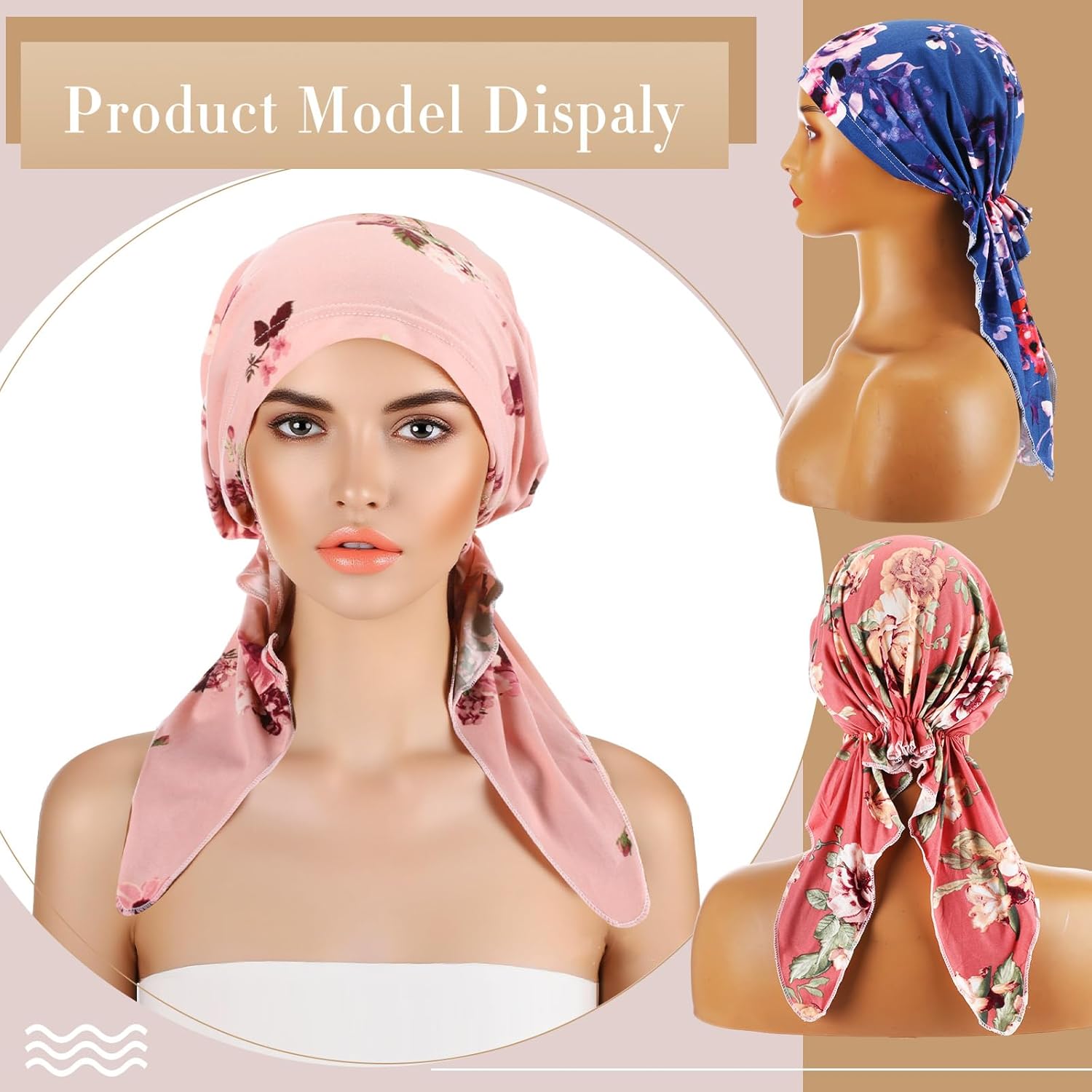 6 Pcs Chemo Headwear for Women Pre Tied Head Scarf Beanies Cover Cap Lightweight Stretch Ruffle Print Turban Hat - Image 2