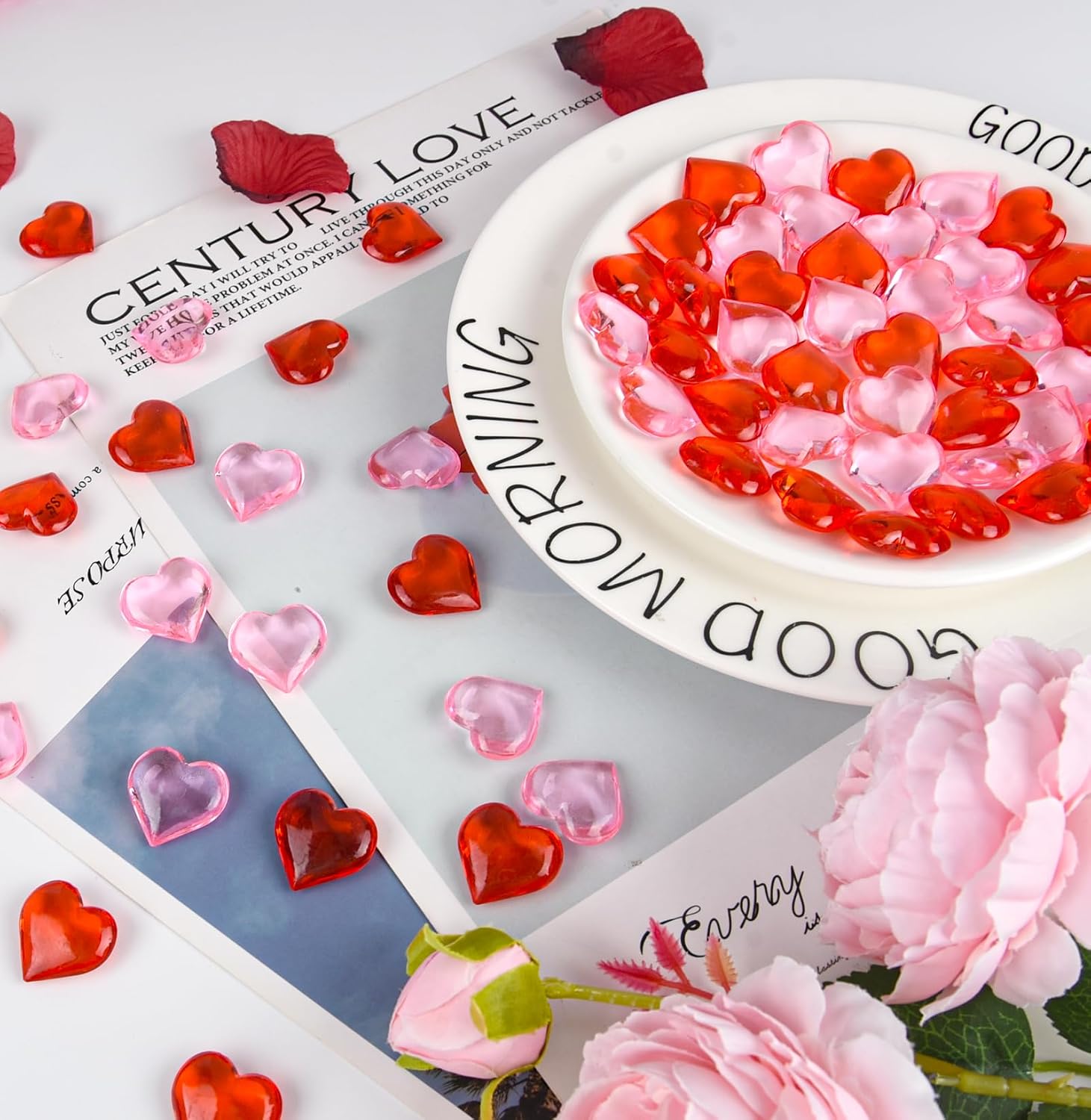 CHRORINE 70 Pcs Acrylic Heart Ornaments Translucent Hearts Shaped Gems Crystals for Table Scatter Decoration/Vase Fillers/Artwork in Valentine or Wedding Party- Red,Pink