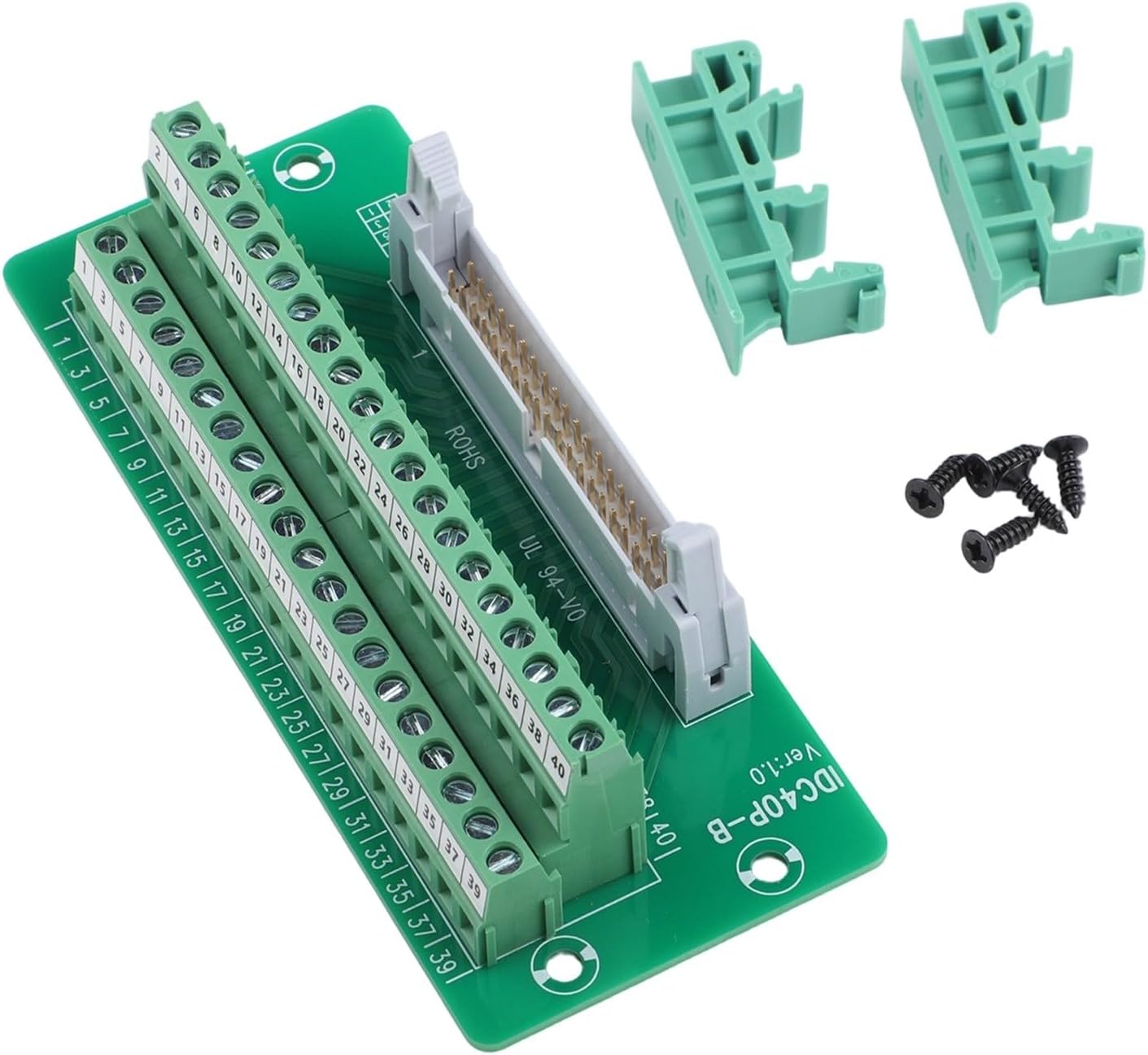IDC40P-B Terminal Block with Bracket, Copper DIN Rail Mounting for PLC Motor Control, 36V Green Connector Board For IDC 10P-64P Series, 12.1x5.1cm