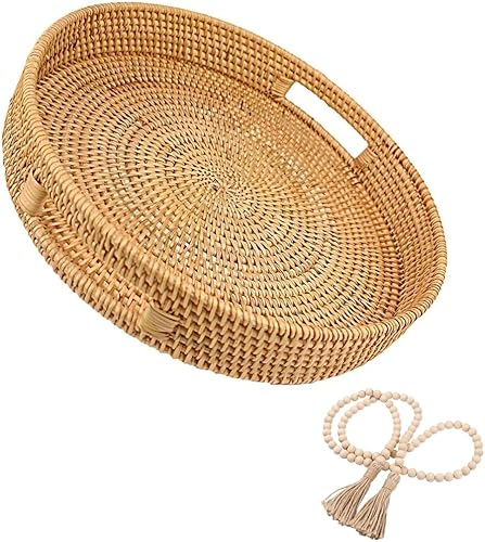Nueva bandeja decorativa para mesa de café, decoración bohemia de granja, cesta redonda de ratán, bandeja de servir de mimbre con asas, bandeja