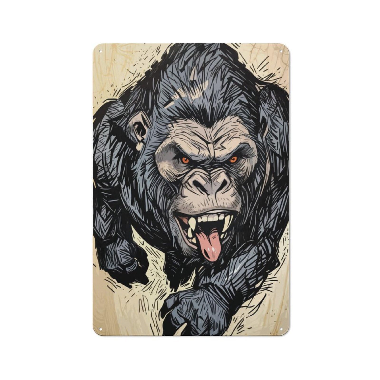 Junmoney Angry Sabertooth Gorilla Illustration Retro Tin Wall Plaque 30X20cm Featuring For Garage Wall, For Vintage Wall Decor Fans, For Themed Room Decoration