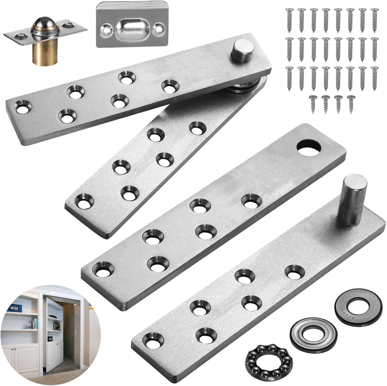 yeesport 2 PCS Door Pivot Hinges, Heavy Duty Pivot Hinge, Stainless Steel Hidden Door Hinges, Secret Storage Door Hinge for Bookshelf Secret Door, Bearing Design, Silent & Smooth Rotation
