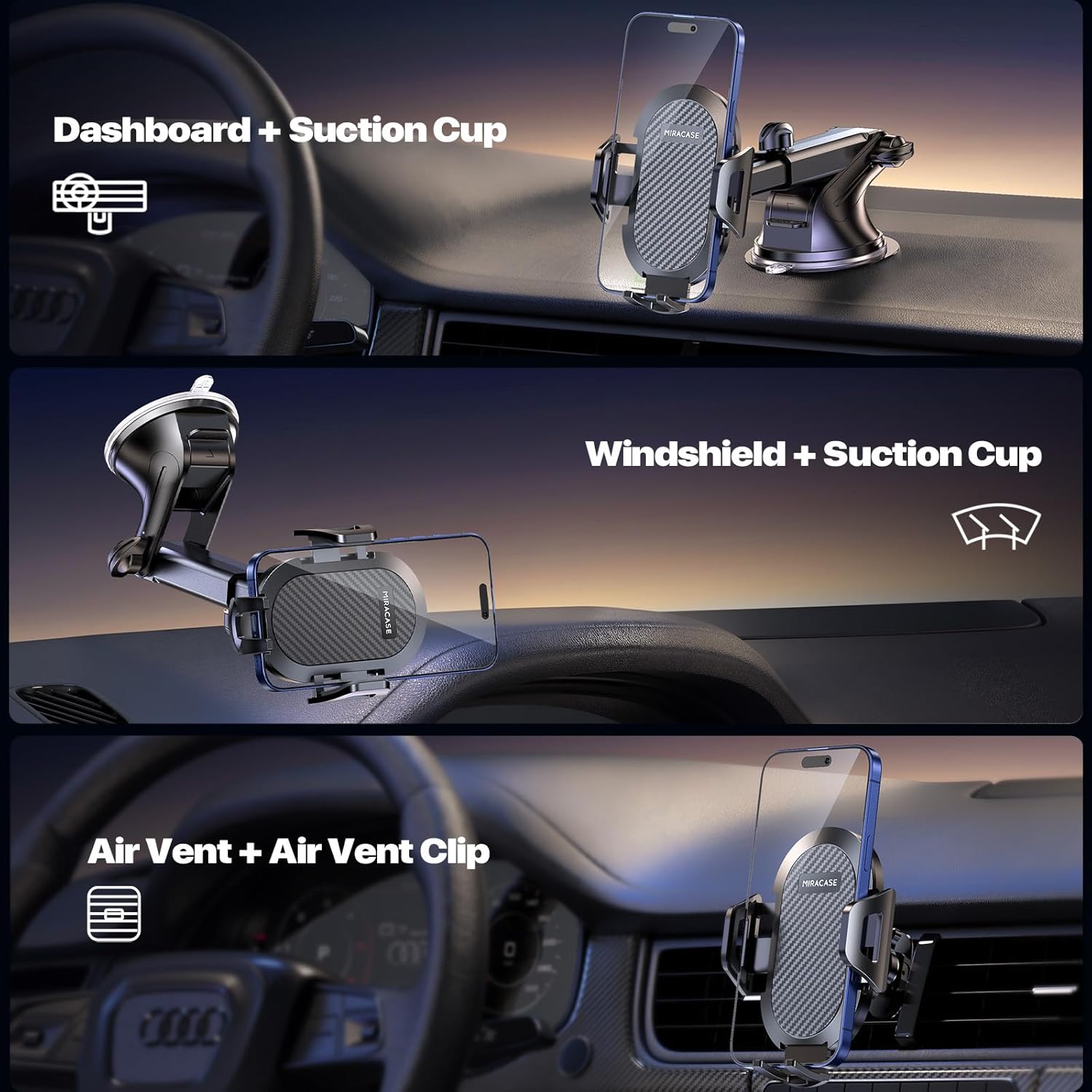 Miracase Phone Holder for Your Car, Multifunctional Car Phone Mount with Suction Cup Base& Vent Hook, Long Adjustable Arm& 360° Rotation for Multiple Viewing Angles, Compatible for 4-7.2 Inch Phones - Image 6