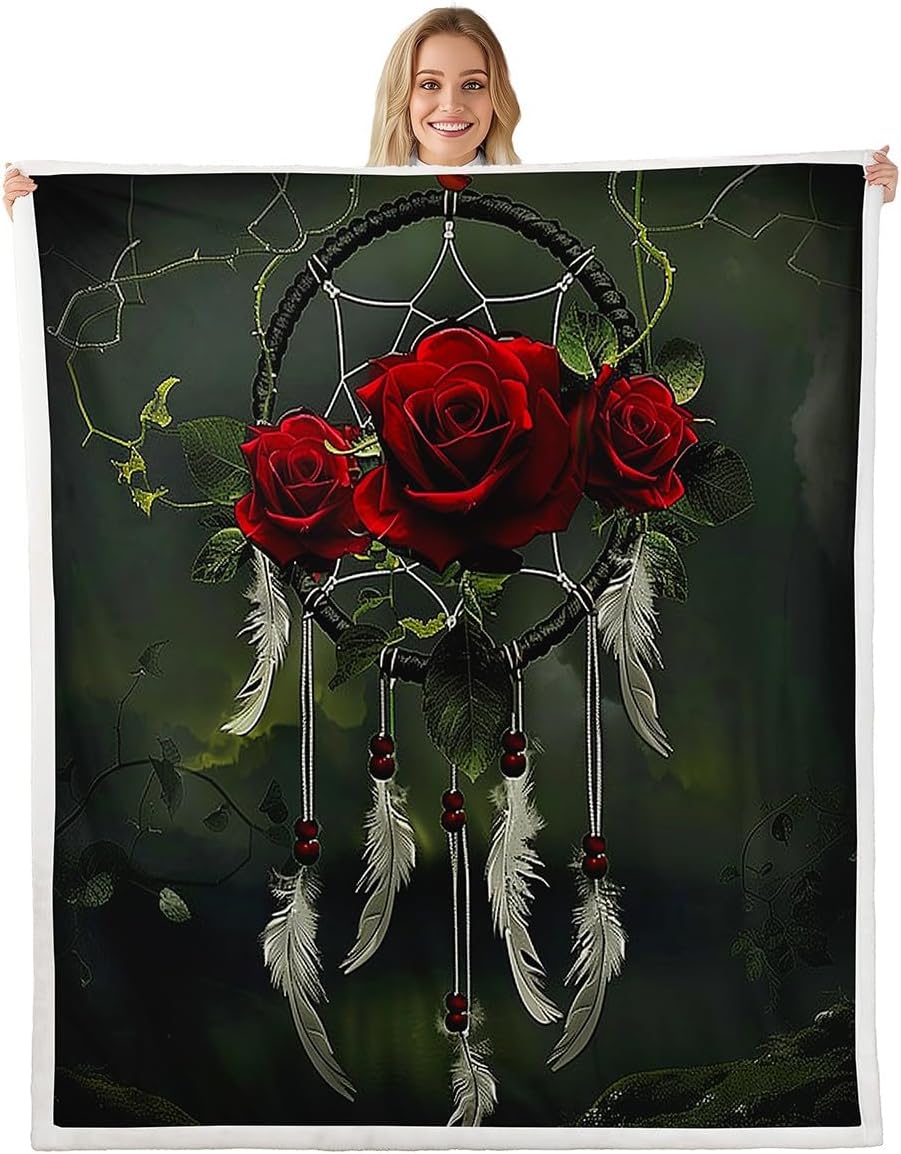 Red Rose Flowers Bed Blanket Kids Girls Dreamcatcher Sherpa Blanket Soft Cozy Lightweight White Feathers Plush Fleece Bohemian Style Blanket Gifts for Bed Chair Office Sofa(Throw 50"x60")