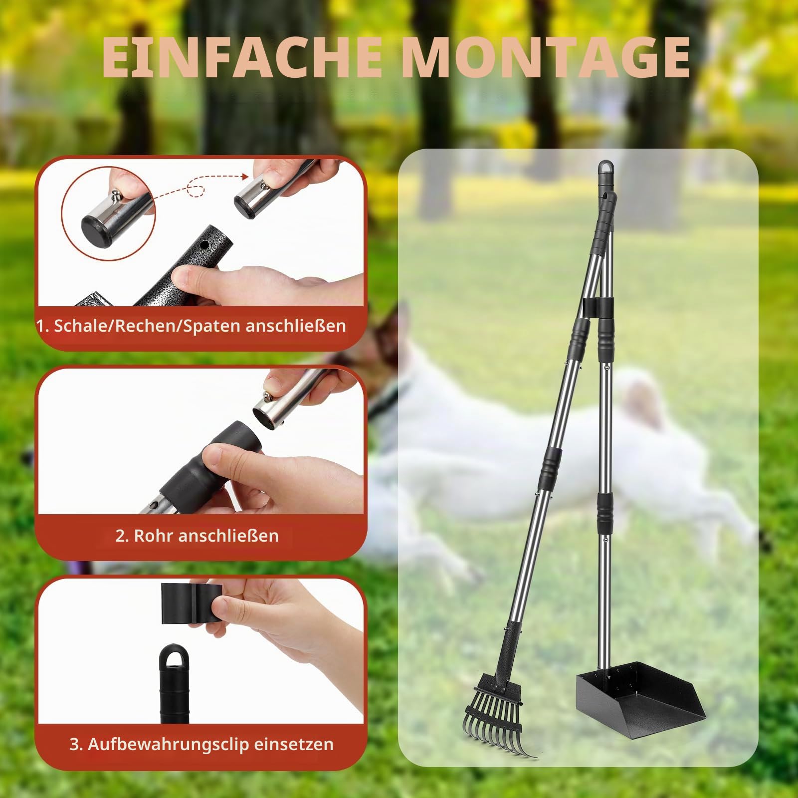 Hundekotschaufel Set mit 96 cm langem Griff – Abnehmbares Metalltablett, Rechen für große, mittelgroße & kleine Hunde – Hundekotentferner für Garten, Rasen, Erde oder Kies