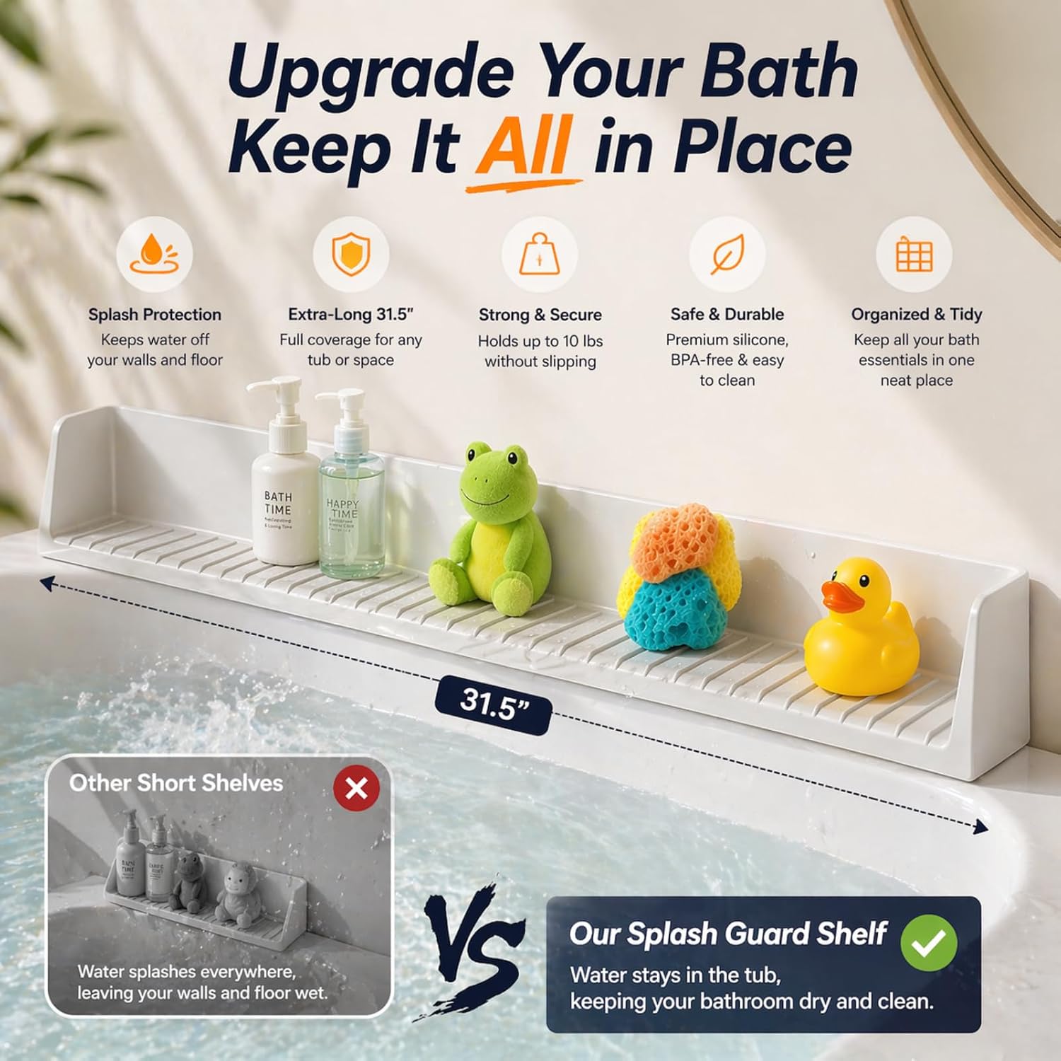 Bathtub Splash Guard for Kids, Silicone Tub Edge Guard & Splash Barrier with Strong Suction Cups, Bath Toy Shelf & Tray Holder, Prevent Water Spills on Bathroom Floor, Extra Long Tub Ledge Shelf
