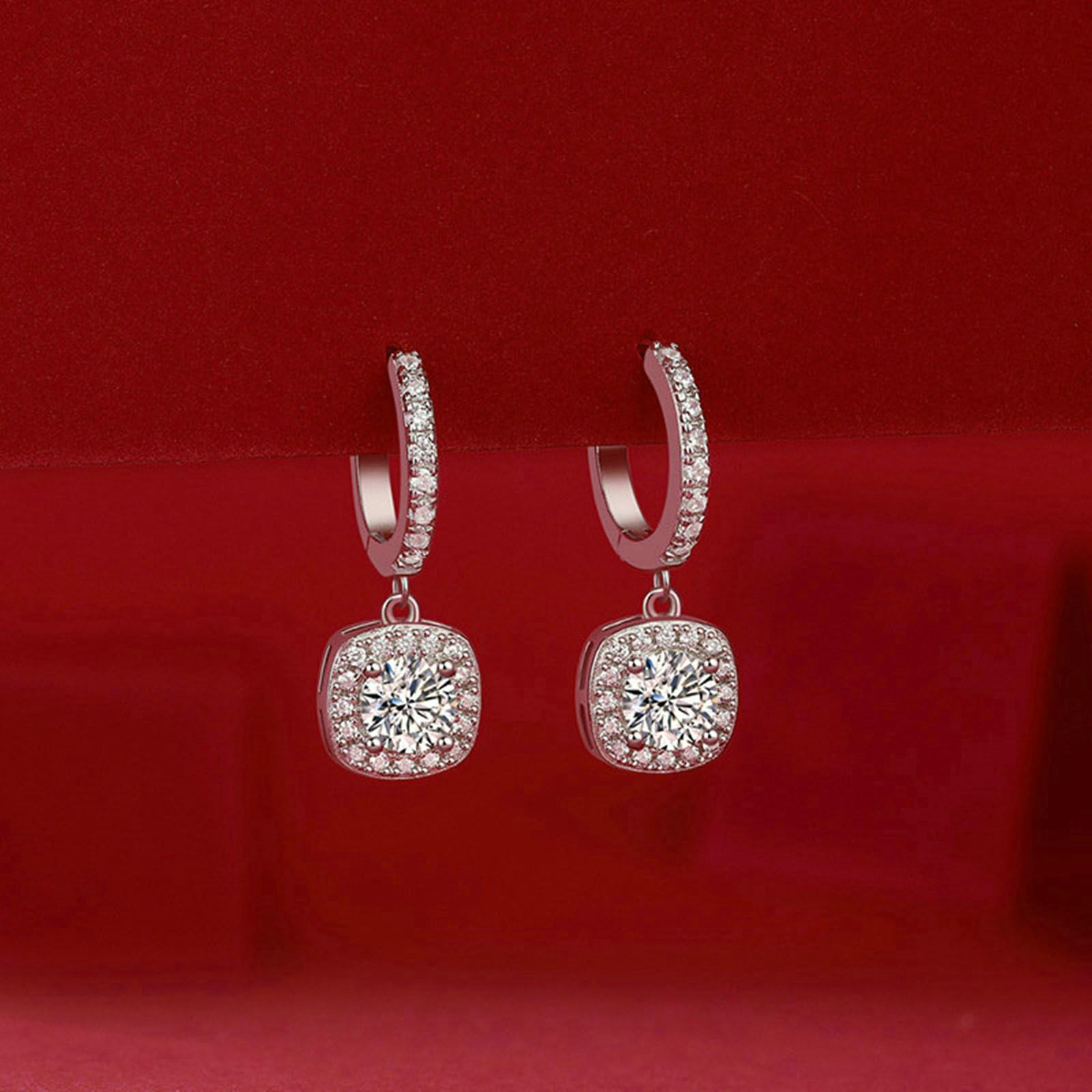 Orecchini a cerchio in oro bianco 750, rettangolari, con ciondolo a forma di moissanite, da donna, ipoallergenici