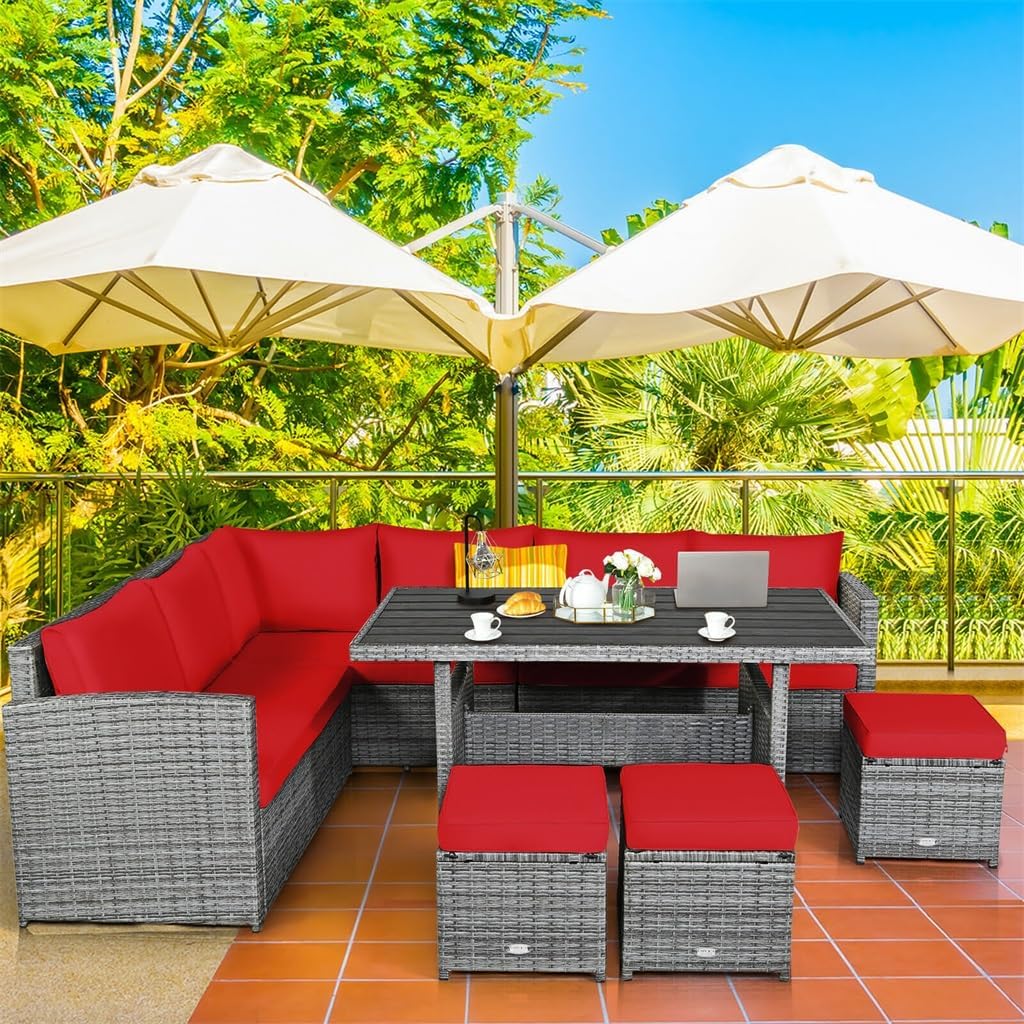 7 PCS Patio Rattan Dining Set Sectional Sofa Couch Ottoman Garden Red