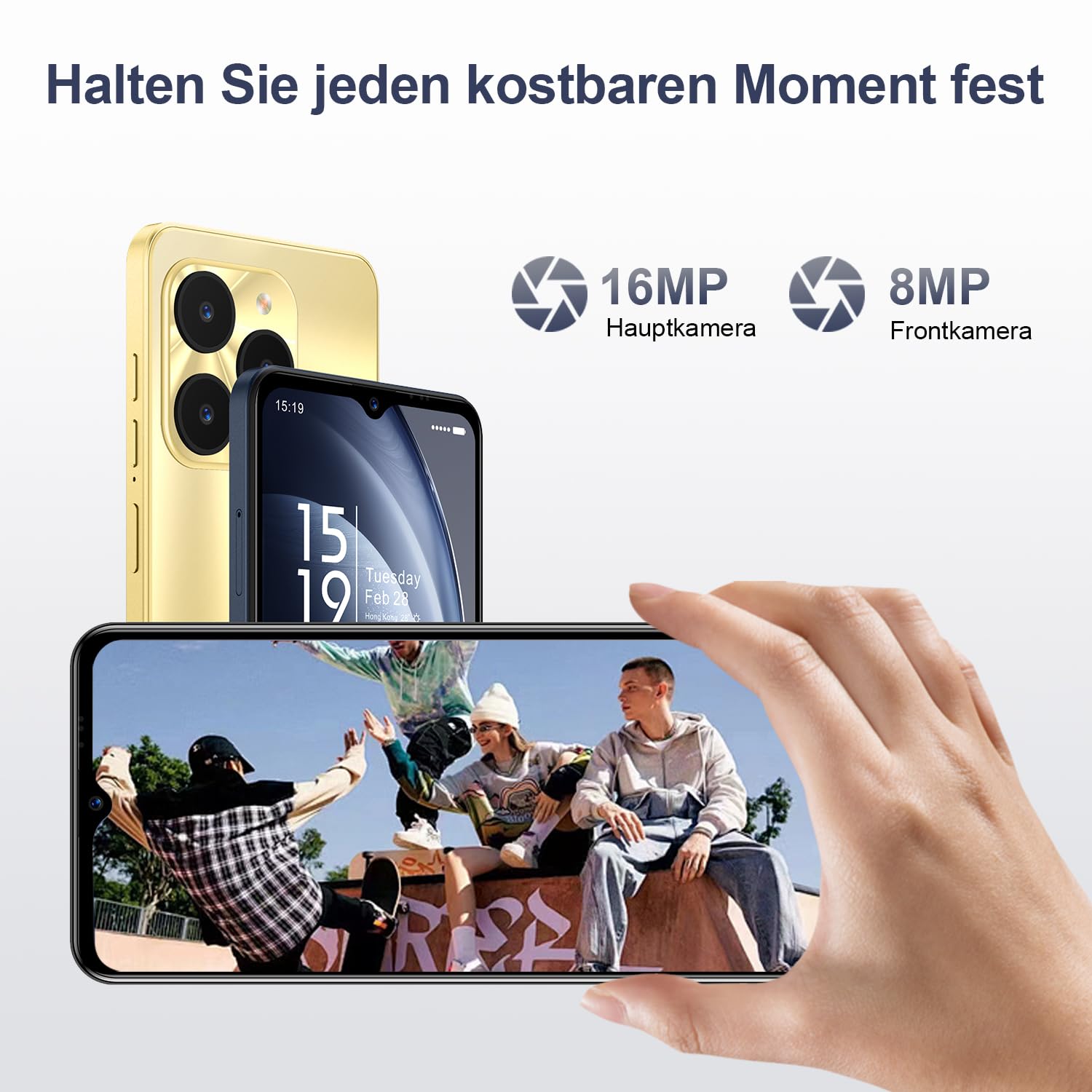 invens Halo 5 Smartphone Ohne Vertrag - 7GB(4+3)+64GB /256GB Android 14 Handys, 6,52 Zoll Bildschirm 5000mAh Handy Günstig, 16MP+8MP Kamera, 4G Dual SIM/Face ID/GPS/3.5mm Jack, Dunkelblau