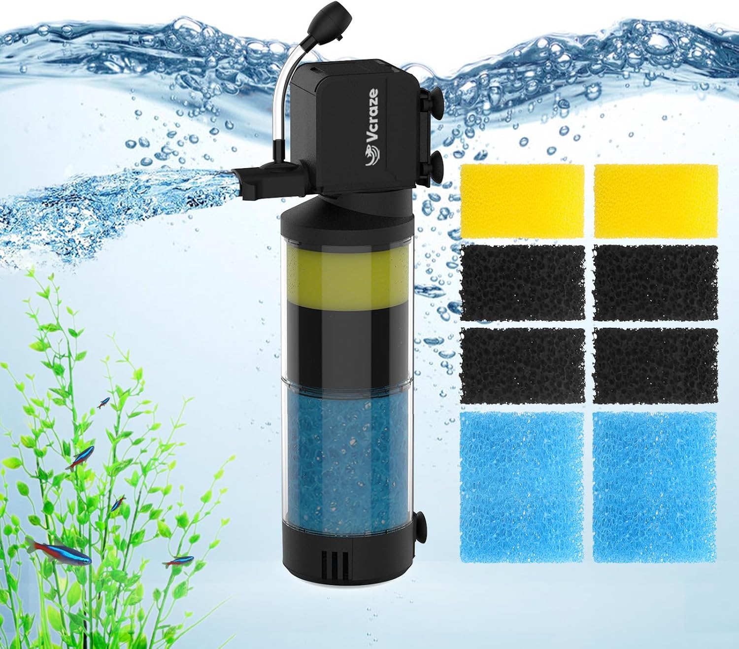 3-Stage Submersible Aquarium Filter & Replacement Filter Sponges (Including 2 x Coarse Sponge, 2 x Fine Sponge & 4 x Carbonized Sponge)
