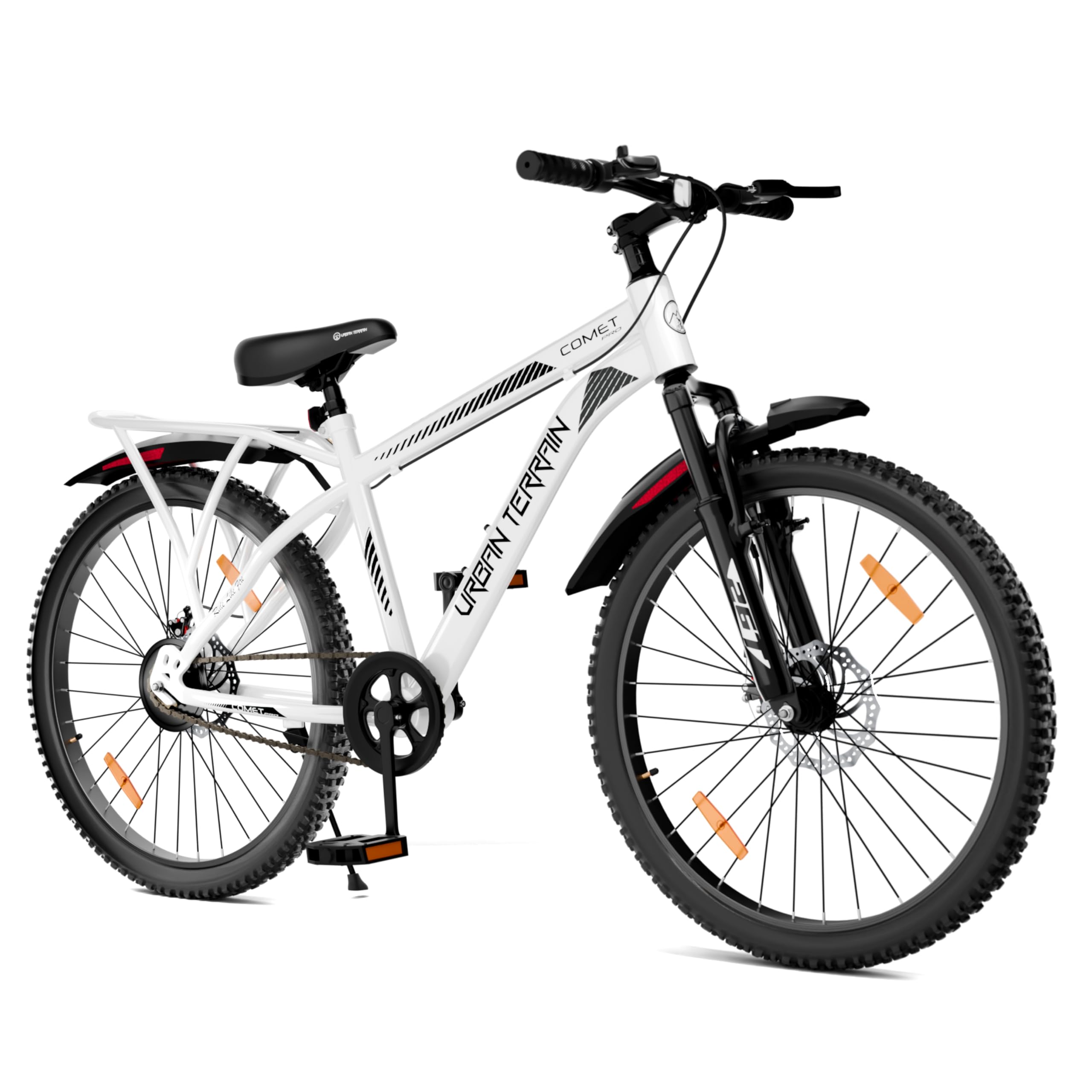 Urban Terrain Comet Pro 26T Steel Mountain Cycle for Adults with Inbuilt Carrier & Dual Disc Brakes | Single Speed MTB Bike, Frame Size 17 inch | Rider Height 5 ft–5.7 ft, Unisex (White)-image-45