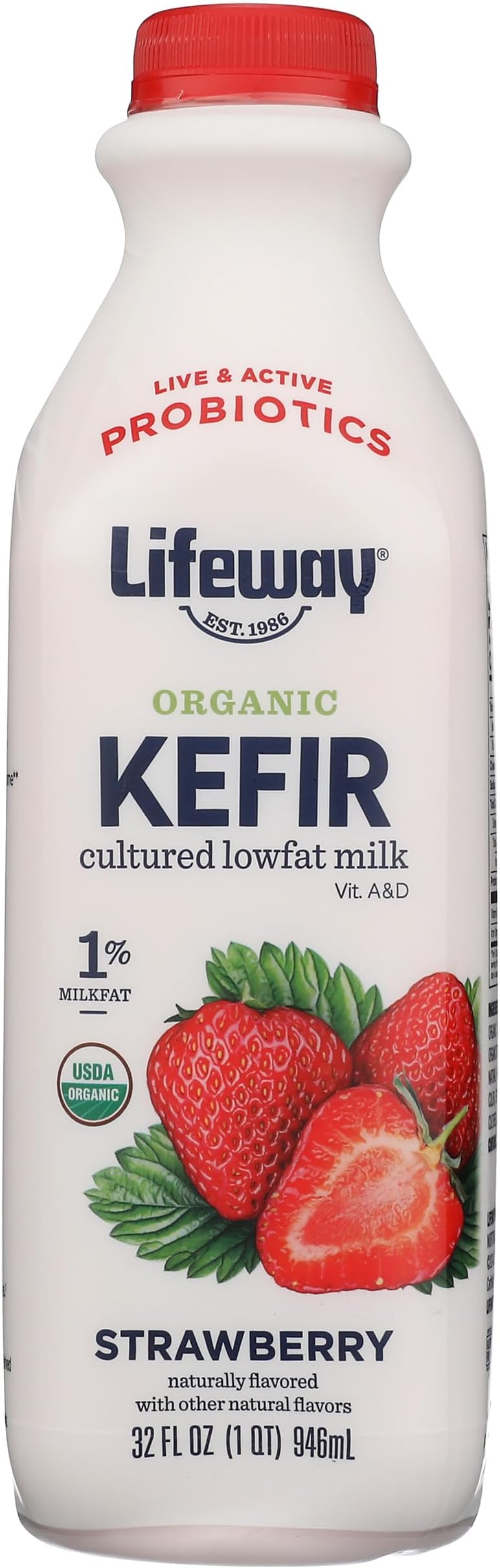 Lifeway Organic Lowfat Kefir, Strawberry, 32 Ounce, 11g Protein, 12 Live Active Cultures