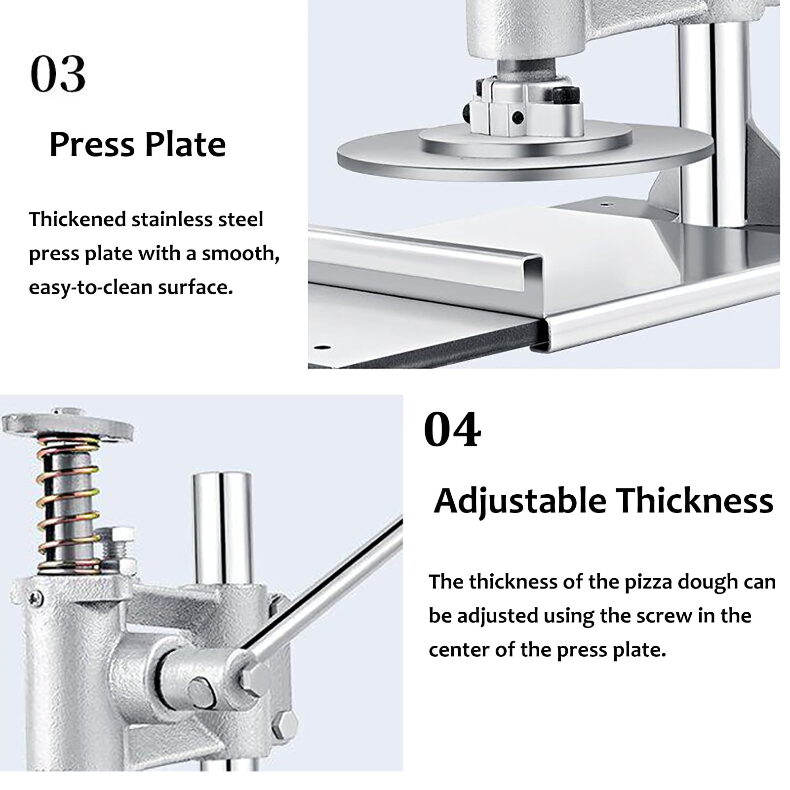 Pressa per impasto per pizza, rullo manuale per pasta, spessore regolabile, struttura in acciaio inox, ideale per pizzerie e snack, opzioni di diametro di 12/14/16 cm