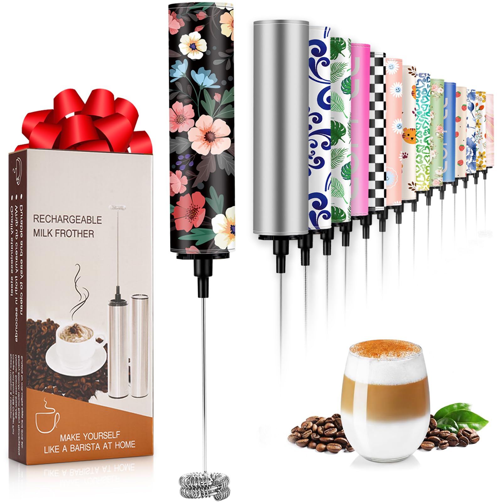 Milk Frother Handheld Rechargeable - 2-Speed Electric Whisk with 5 Detachable Heads (Frother/Mixer/Whisk) for Coffee, Latte, Cappuccino &amp; Matcha, Drink Mixer (Flower 2)