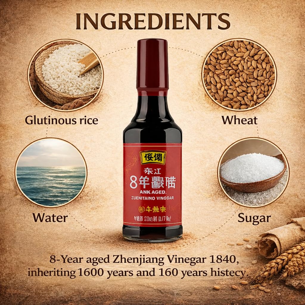 Hengshun Zhenjiang Black Vinegar, 8-Year Aged Chinese Black Vinegar, Naturally Brewed, Rich Umami Flavor, Smooth & Aromatic, for Cooking & Dipping, 300 mL