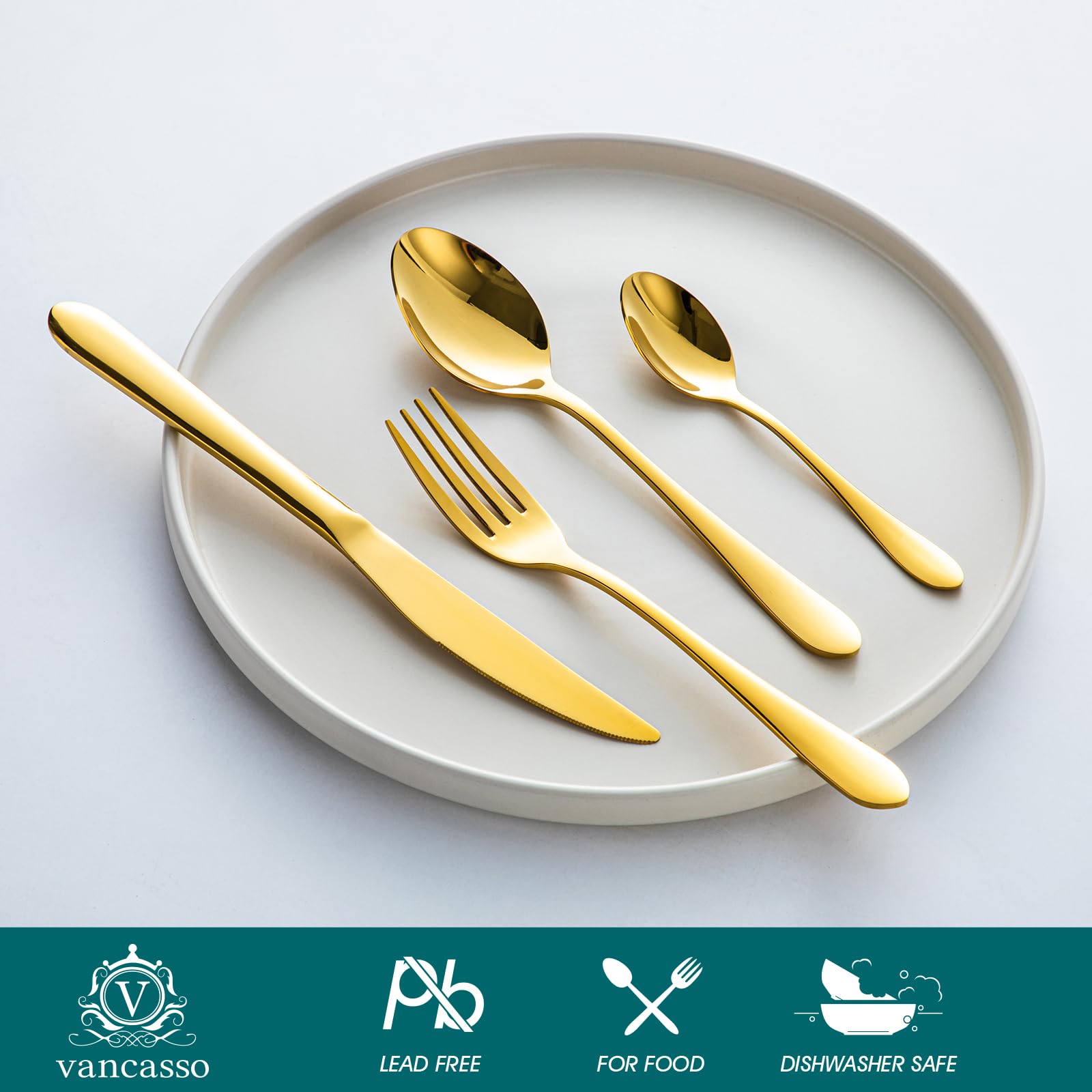 vancasso Besteck Gold Set 12 Personen, 48-Teilig Edelstahl Besteckset mit Messer/Gabel/Löffel/Dessertlöffel, 18/10 Edelstahl Besteckset Poliert mit Geschenkbox, Spülmaschinenfest