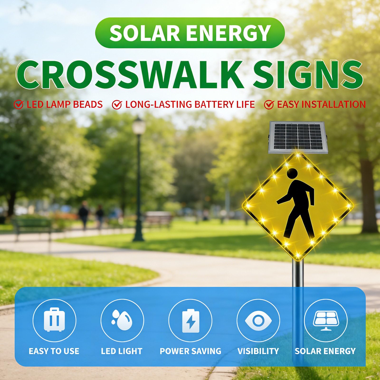 Señal Peatonal Solar con Luz LED Intermitente, 60x60cm o 75x75cm, Cartel de Reduzca Velocidad con Lámina Reflectante de Alta Intensidad, Marco de Aluminio Resistente para Seguridad Vial 24inches