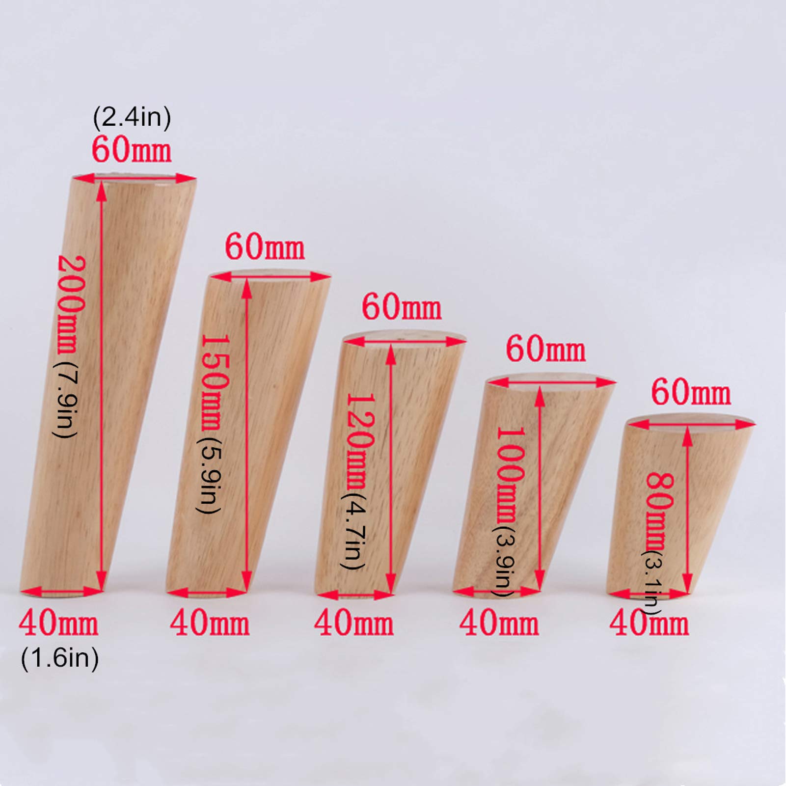 Gambe per mobili in legno, piedini di ricambio per tavolo in legno massello, rialzi affusolati per divano letto, pouf, sedia, armadio, tavolino da caffè, divano, scrivania, set di 4 (inclinazione 8