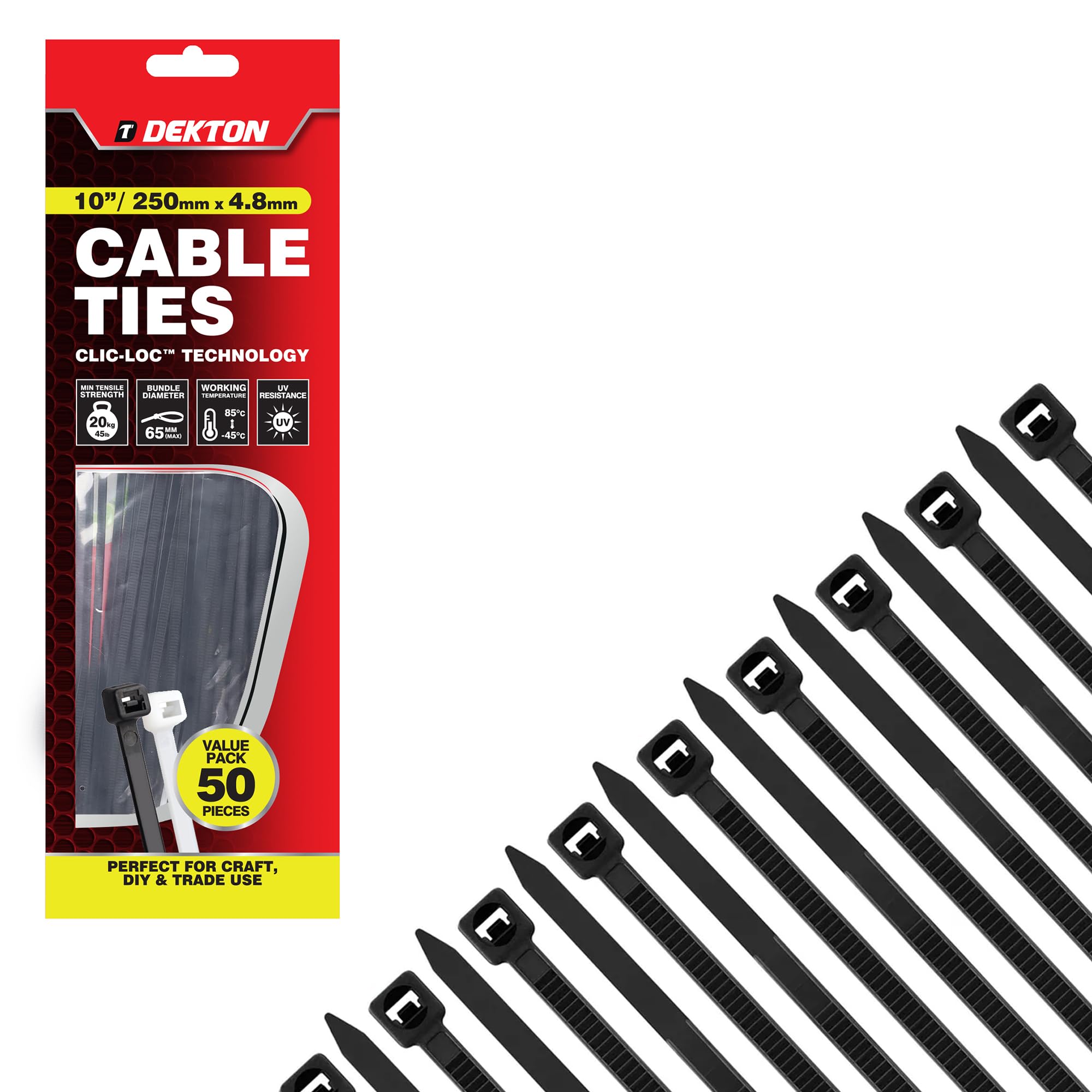 Dekton 50PC Cable Tie Set - 4.8MM X 250MM Black | Heavy Duty Industrial Strength | High Temperature Resistant | Self-Locking Teeth | Ideal for Cables, Piping, Gardening & Wires | Indoor & Outdoor Use