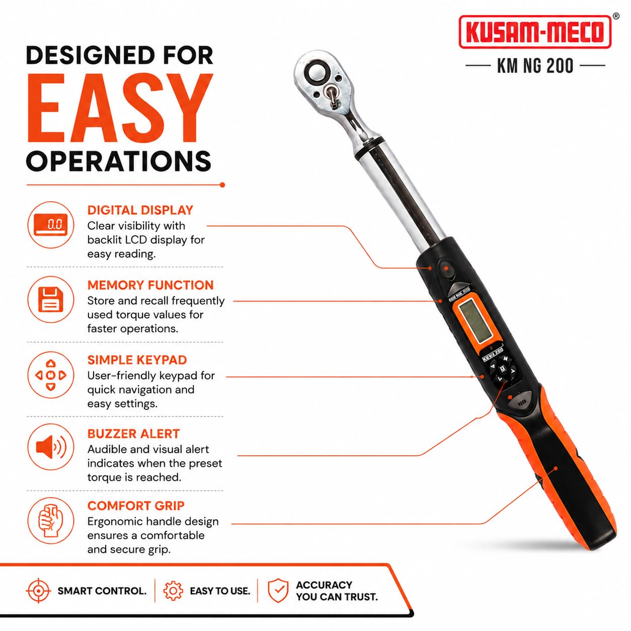 KUSAM-MECO DIGITAL TORQUE WRENCH KM NG 200 |User-Friendly Control | Advanced Technology | Easy Operations | 1 Year Warranty 4