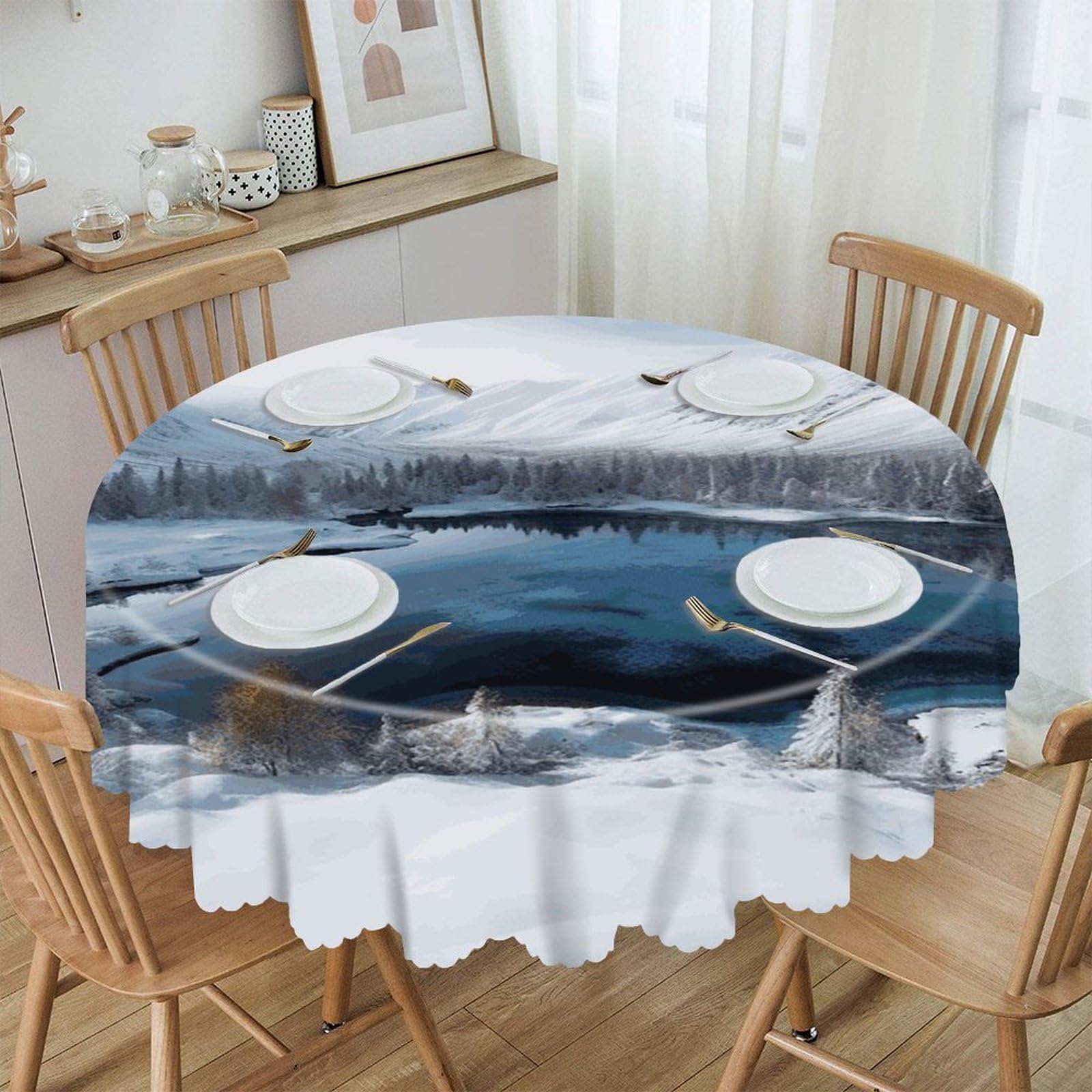VstaDank Winter Mountains Snow Scene Round Tablecloth 60 Inch Easy to Clean Circle Table Cover Thick Decorative Round Polyester Table Cloth for Dining Kitchen Party Farmhouse Outdoor
