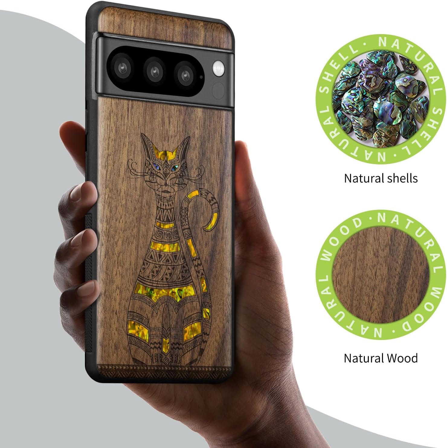 Carveit Designer Wooden Case for Google Pixel 8 Pro Case Cover [Wood Engraving & Shell Inlay] Compatible with Wireless Chargers Pixel 8 Pro (Tribal Cat Art-Walnut)