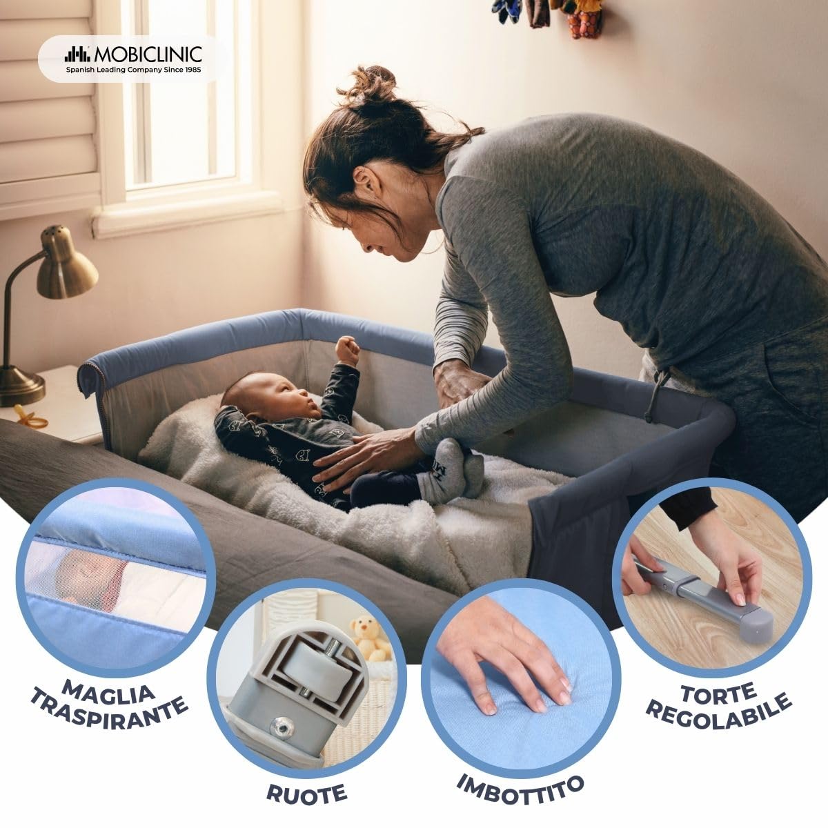 Mobiclinic®, Culla Neonato, Culla Co-Sleeping, 2 in 1, Sistema di Fissaggio del Letto, Regolabile 5 altezze, Borsa trasporto, Ruote, Rete traspirante, Base imbottita, Moon