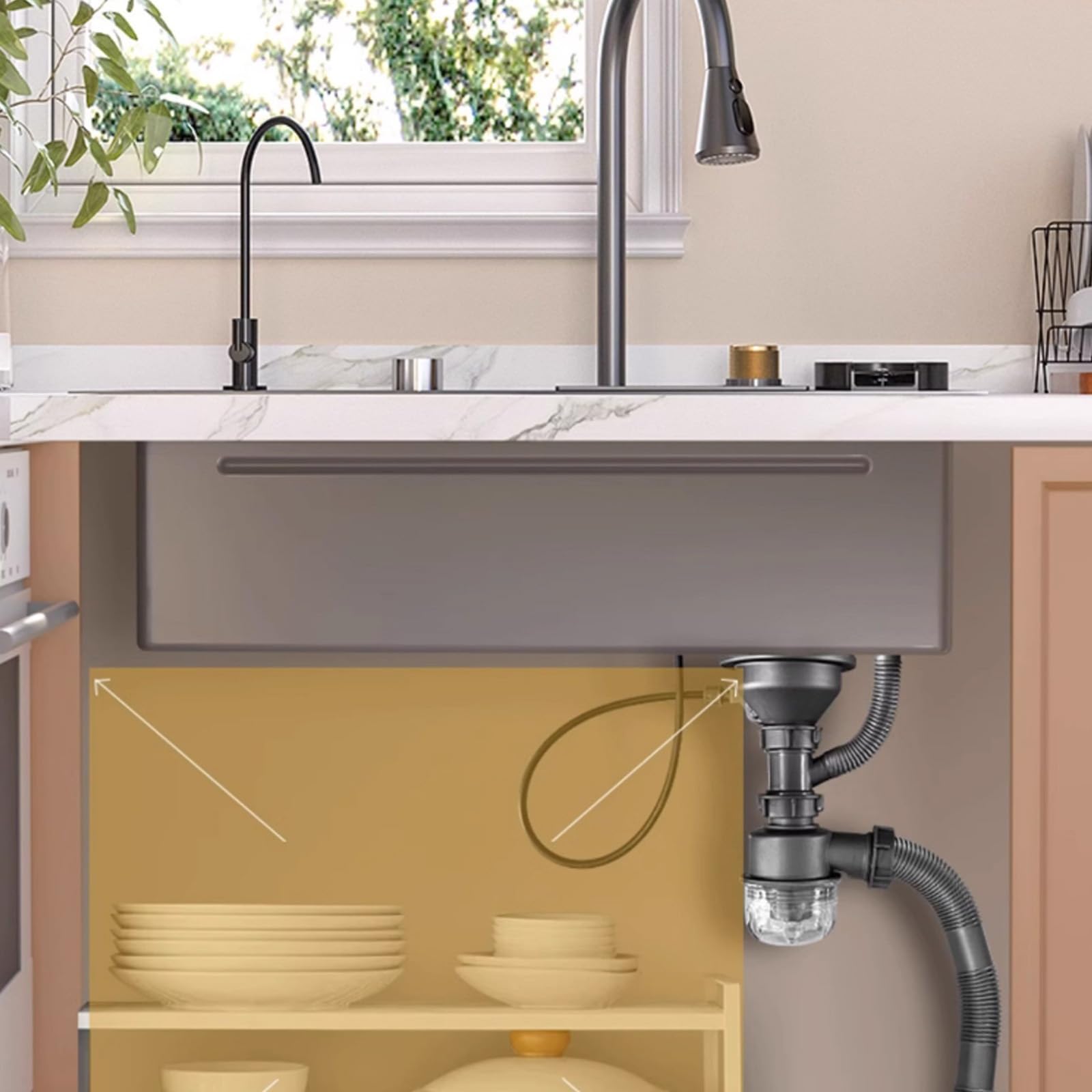 Juego de fregadero de cocina de acero inoxidable negro con diseño de cascada Fau con accesorios incluidos para una fácil instalación en la actualización moderna del hogar