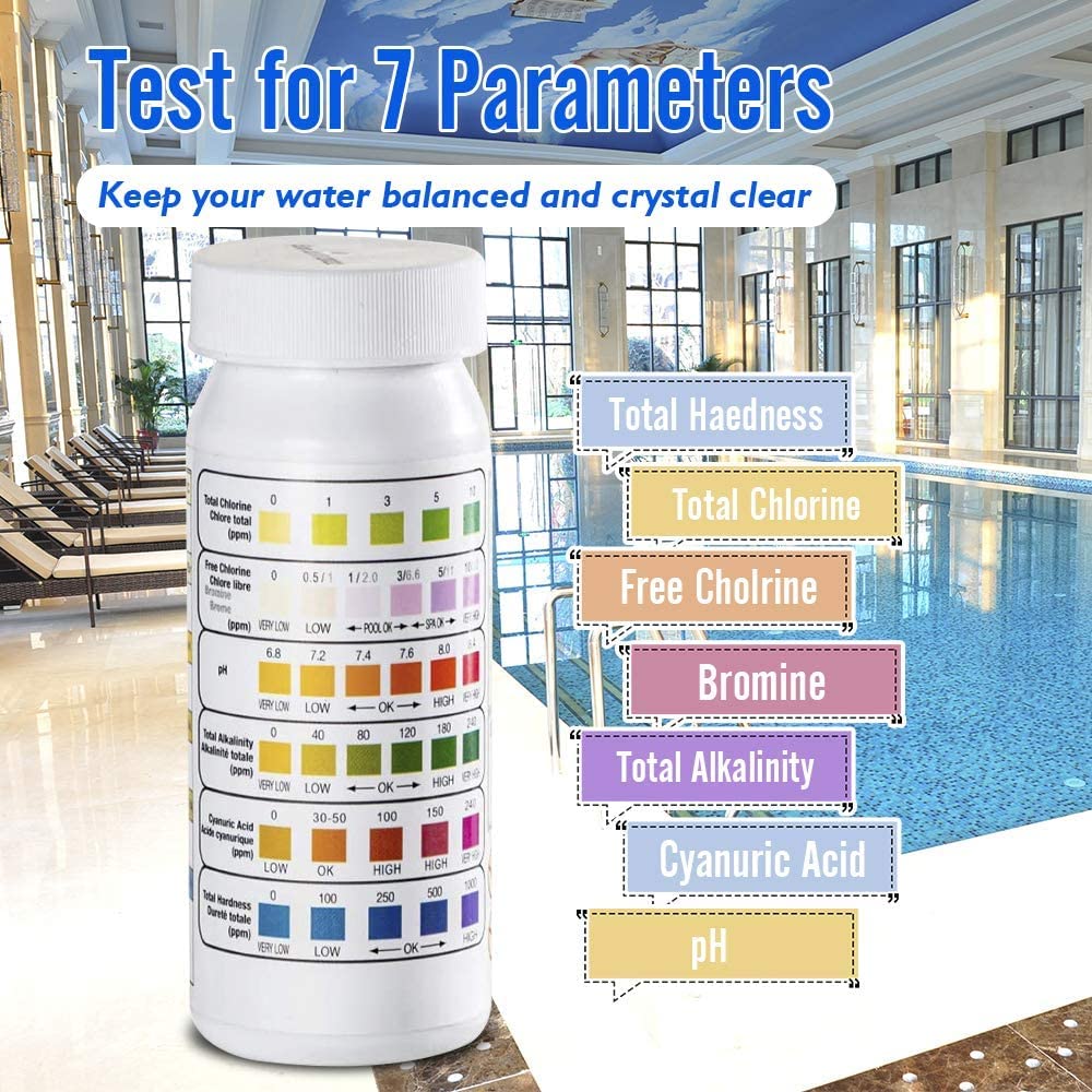SuperCheck Strisce reattive per piscine e spa, 6 vie, per test di qualità dell'acqua per piscine e test di qualità dell'acqua di cloro bromo alcalinità pH durezza (50 strisce reattive)