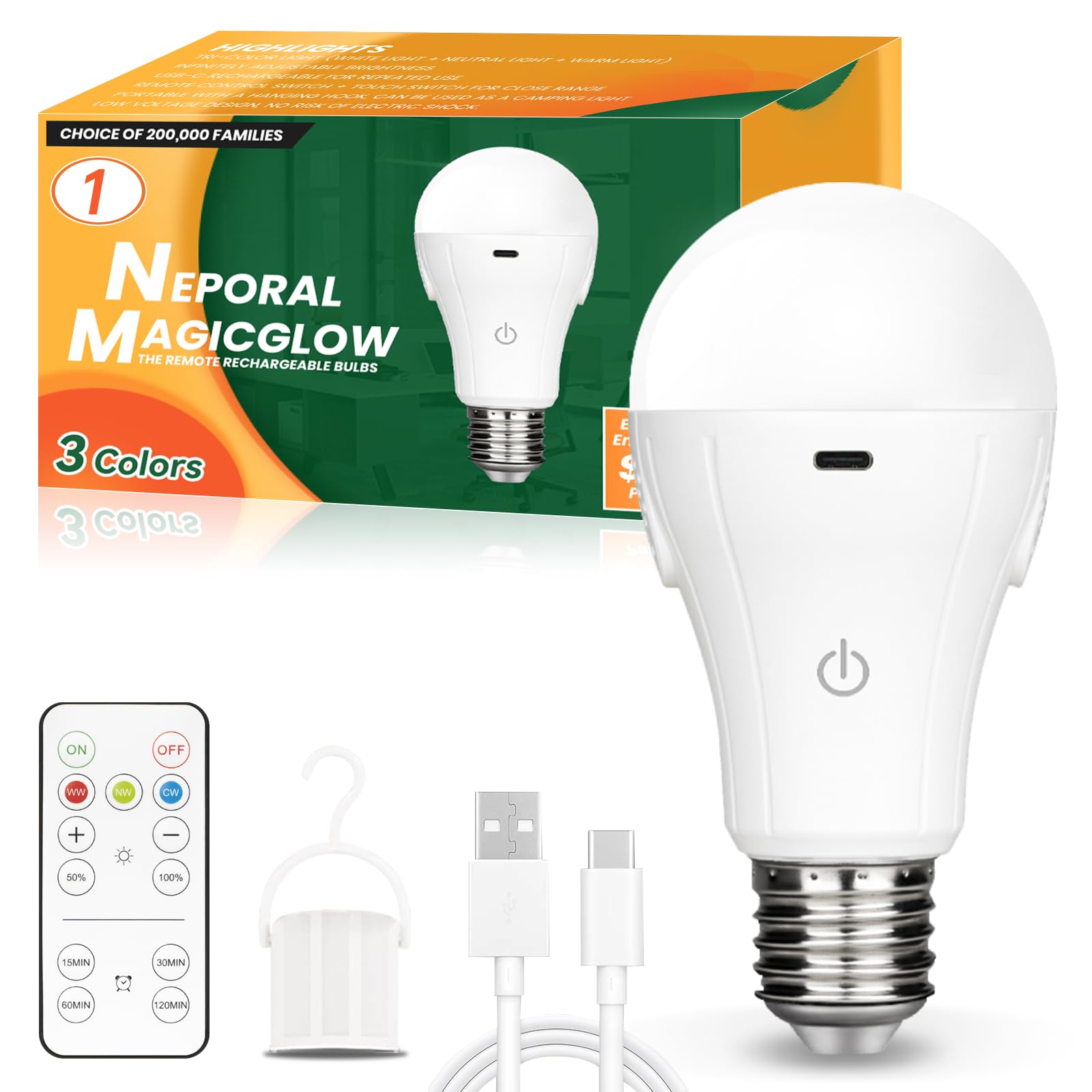 Neporal MagicGlow Rechargeable Light Bulbs with Remote, 3 Colors Shift + Dimmable Battery Powered Light Bulbs, USB Rechargeable, A19 Standard Emergency LED Light Bulbs, 15W (1, White, 15, Watts)