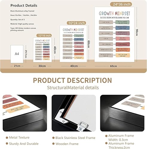 Miniatura 7 de Pósteres de mentalidad de crecimiento en el aula, citas positivas, lienzo, arte de pared, terapia de salud mental, oficina, decoración motivacional,